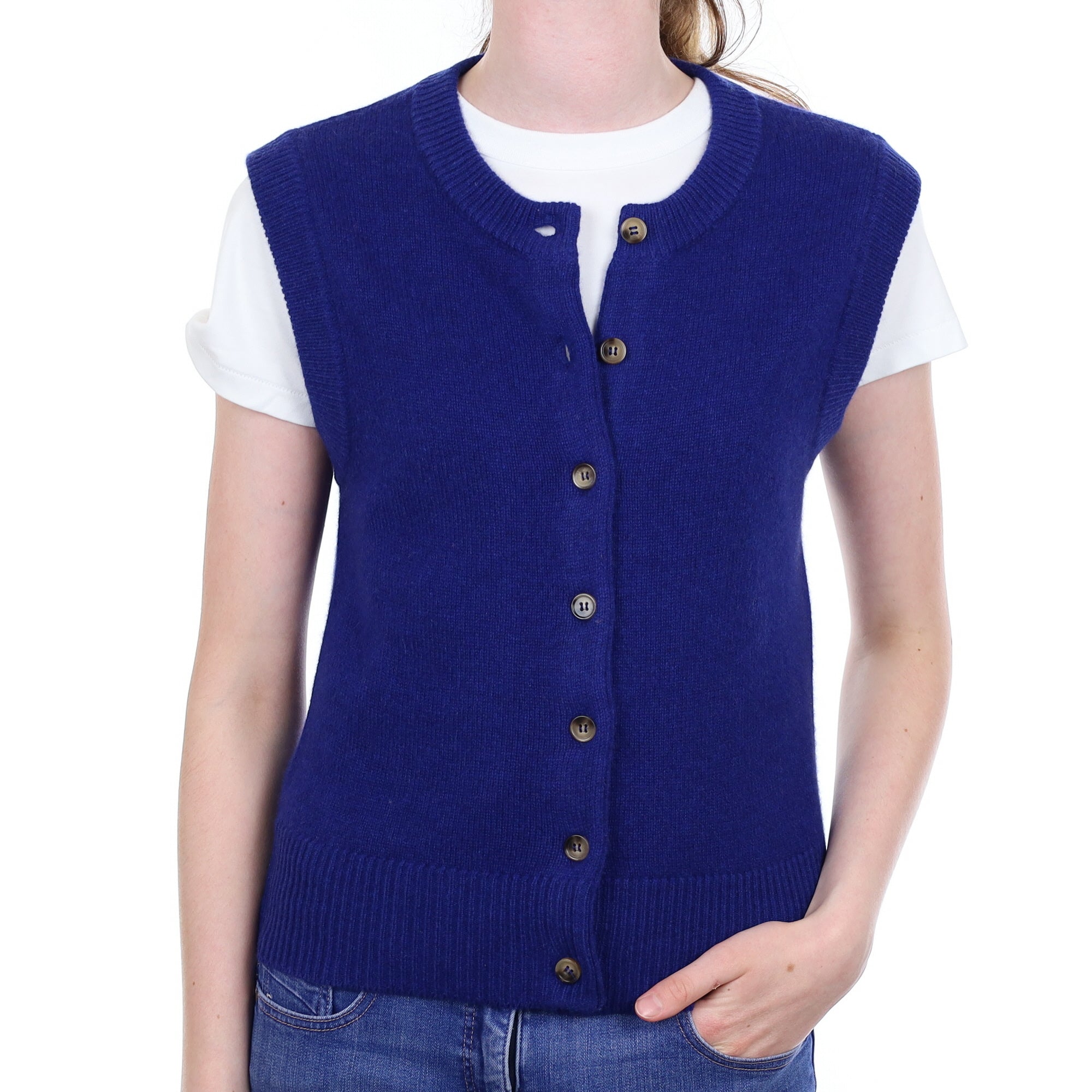 Brand New Lapis Blue Cashmere Crew Neck Waistcoat Extra Small UK 6-8