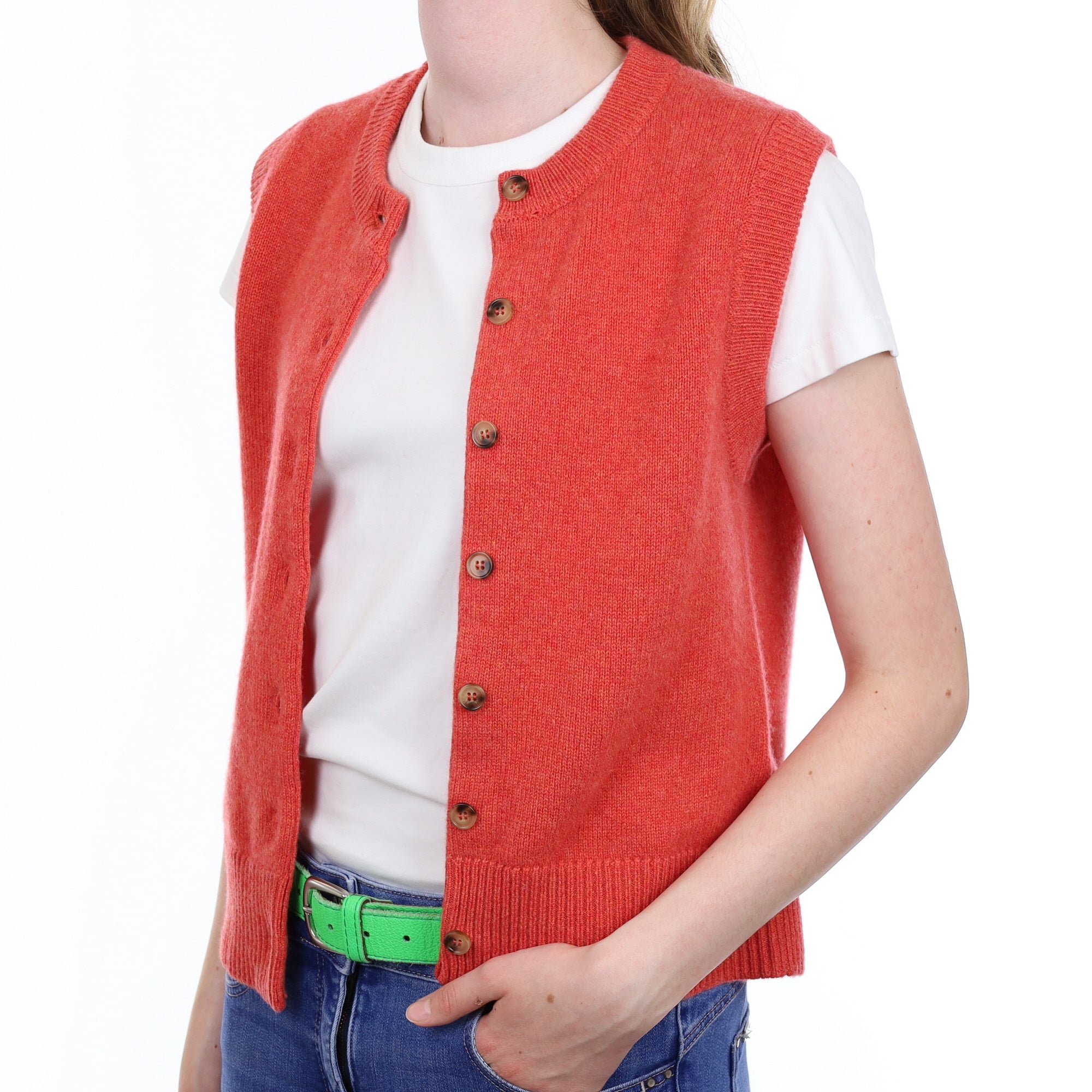 Brand New Watermelon Orange Cashmere Crew Neck Waistcoat Extra Small UK 6-8