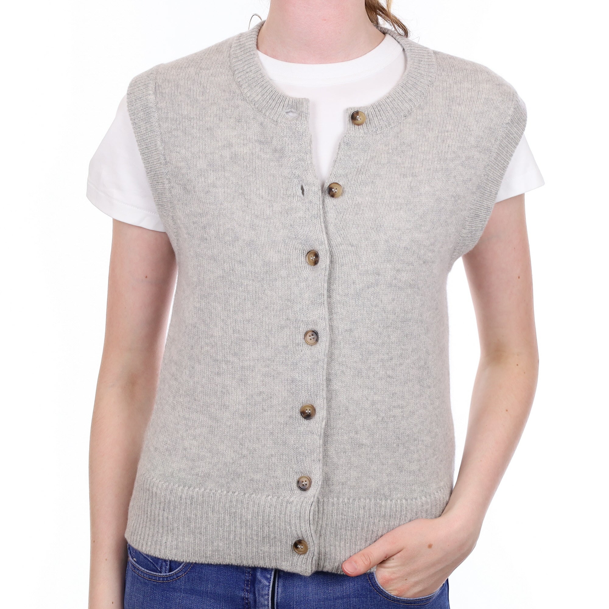 Brand New Mist Grey Luxury Cashmere Crew Neck Waistcoat Extra Small UK 6-8
