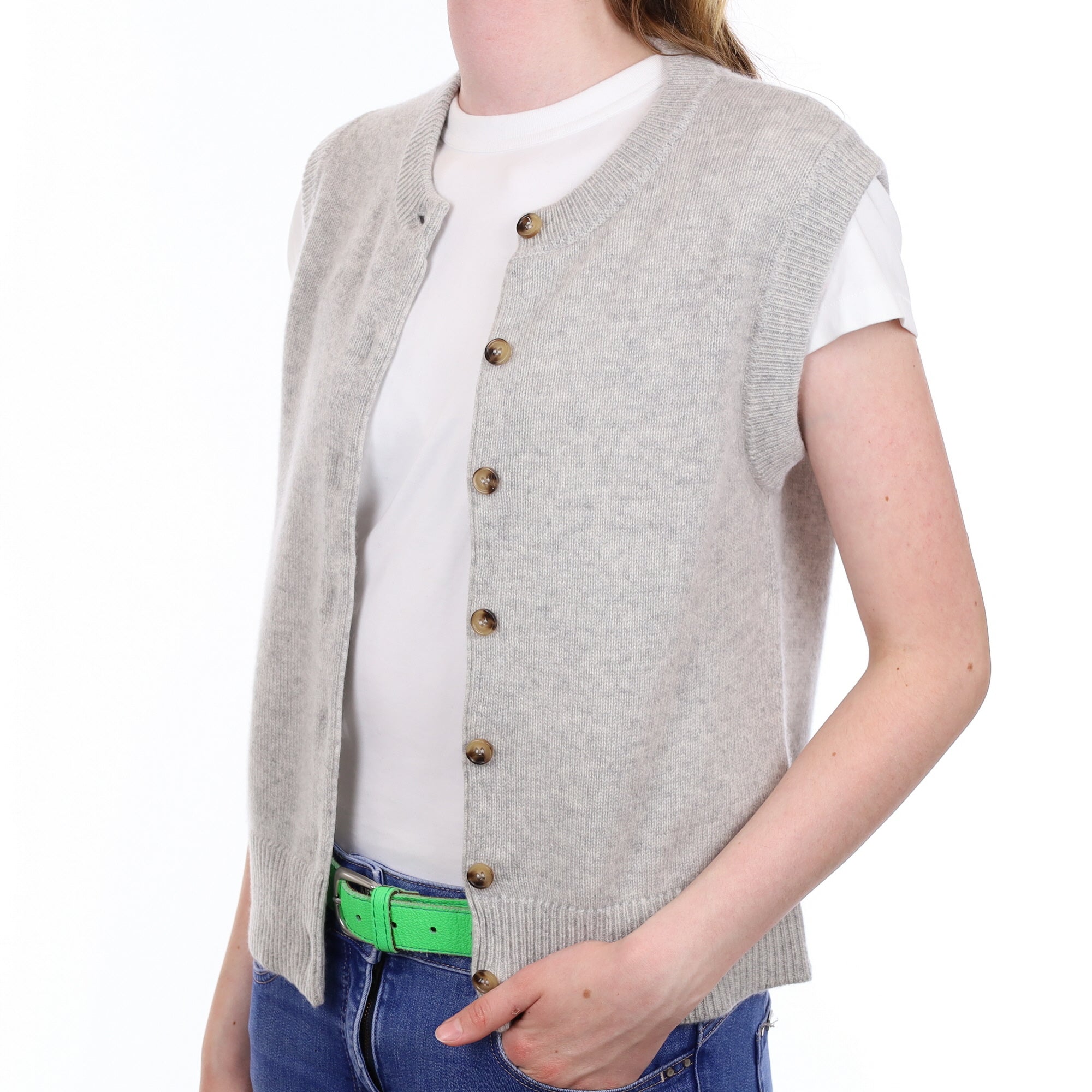 Brand New Mist Grey Luxury Cashmere Crew Neck Waistcoat Extra Small UK 6-8