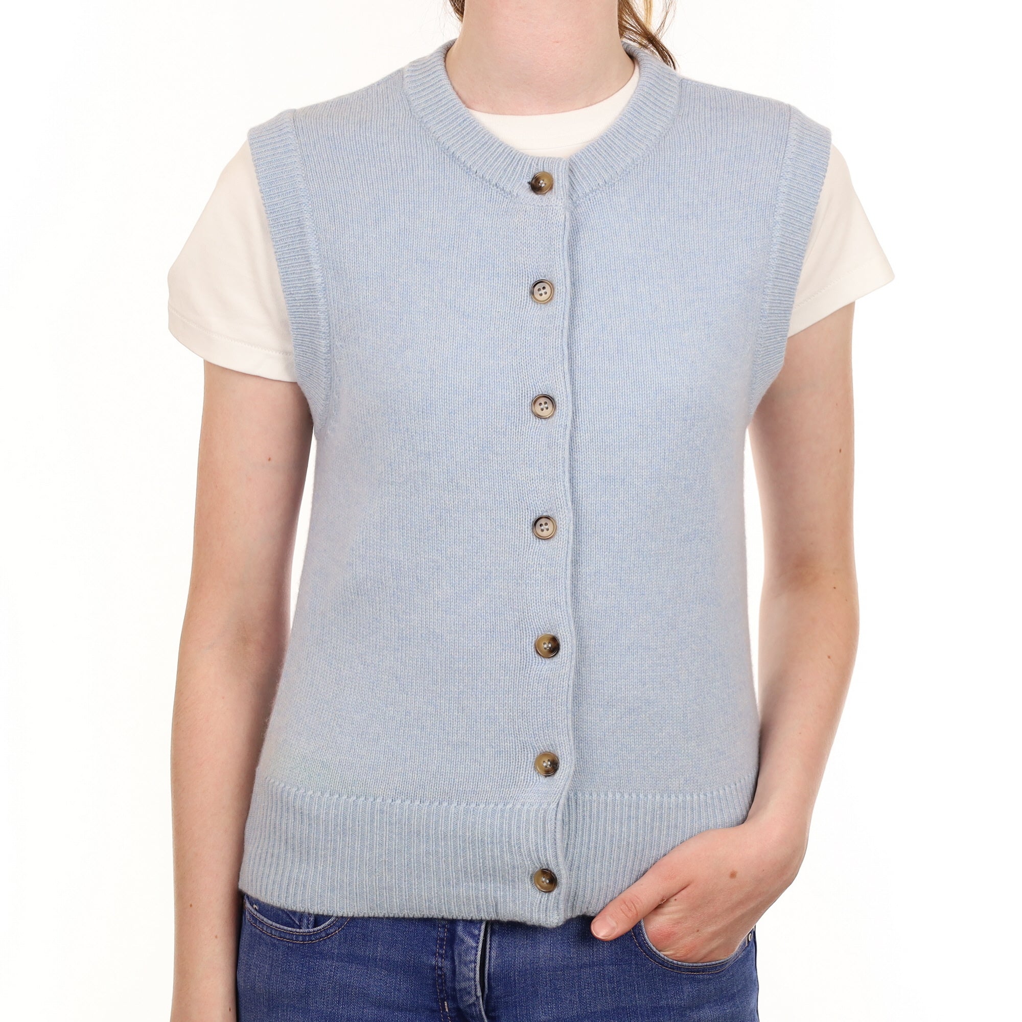 Brand New Baby Blue Cashmere Crew Neck Waistcoat Extra Small UK 6-8