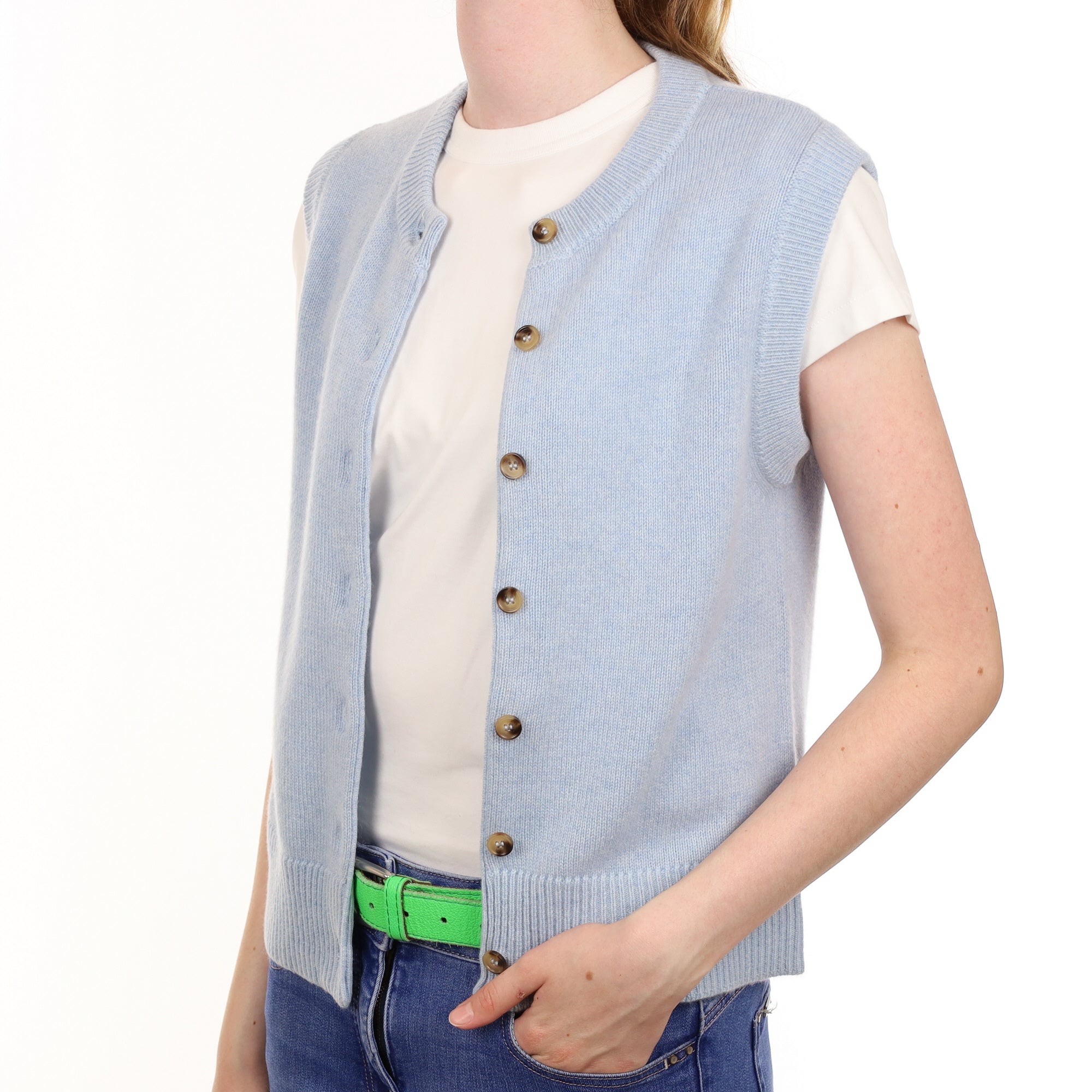 Brand New Baby Blue Cashmere Crew Neck Waistcoat Extra Small UK 6-8