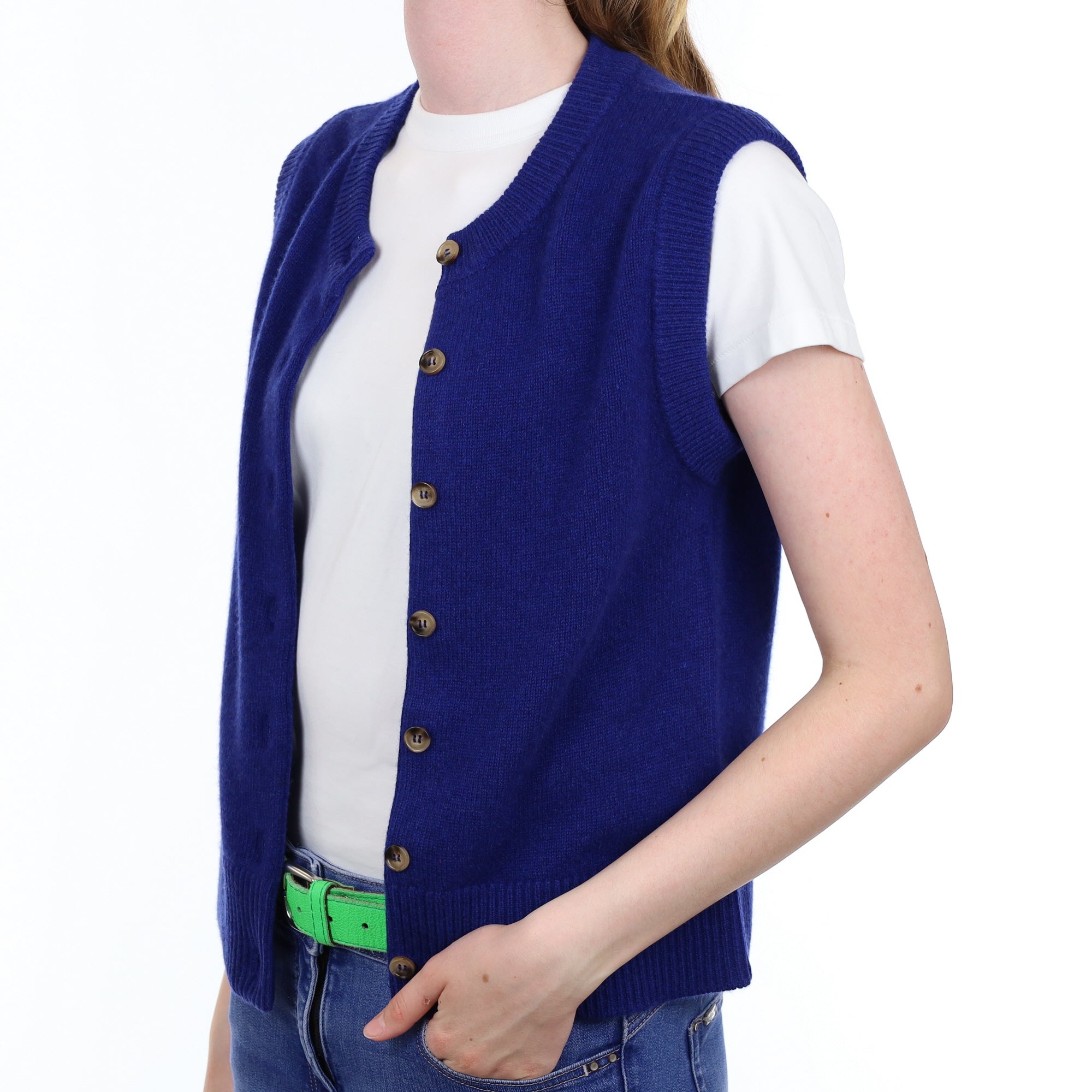 Brand New Lapis Blue Cashmere Crew Neck Waistcoat Extra Small UK 6-8