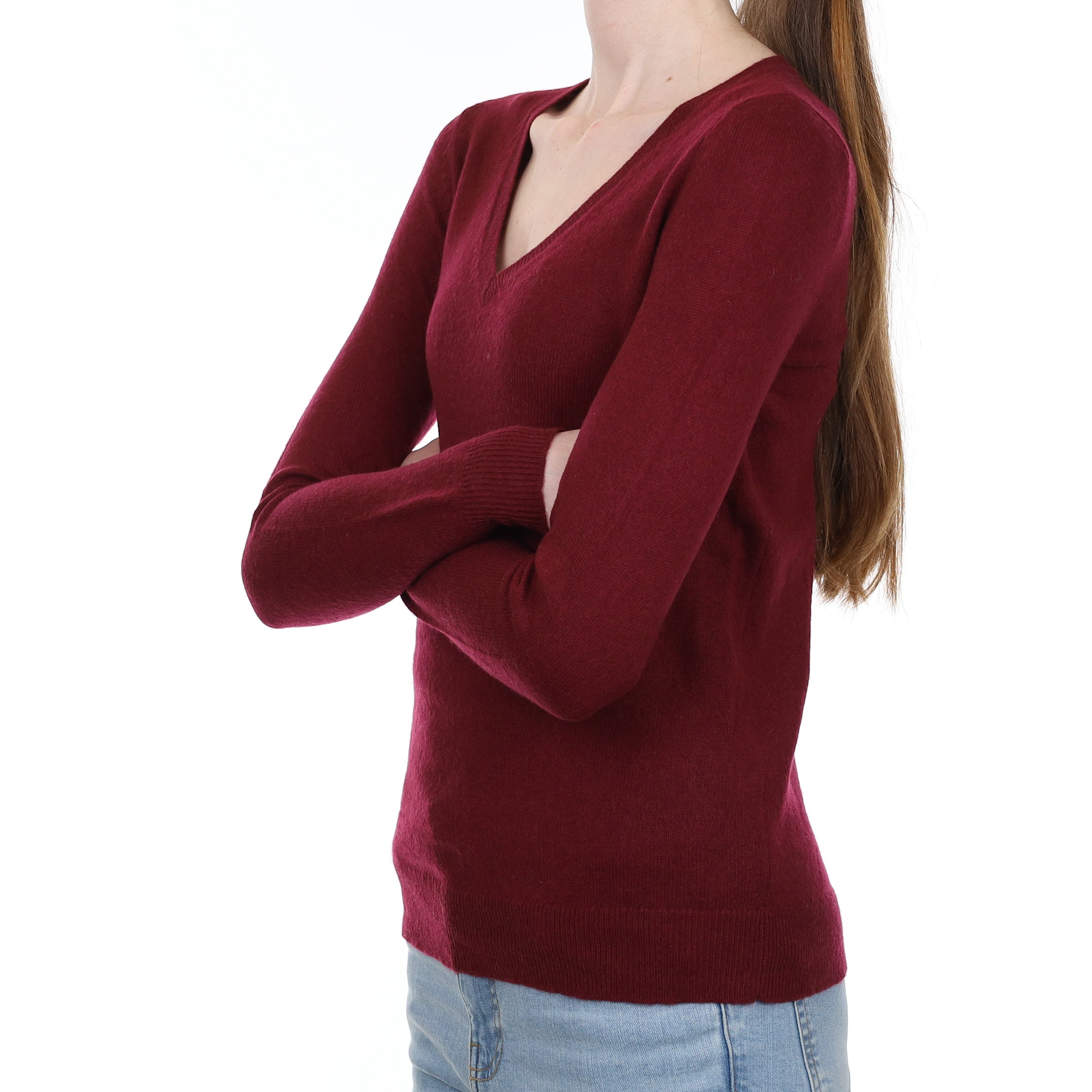 Burgundy Cashmere V Neck Jumper Extra Small