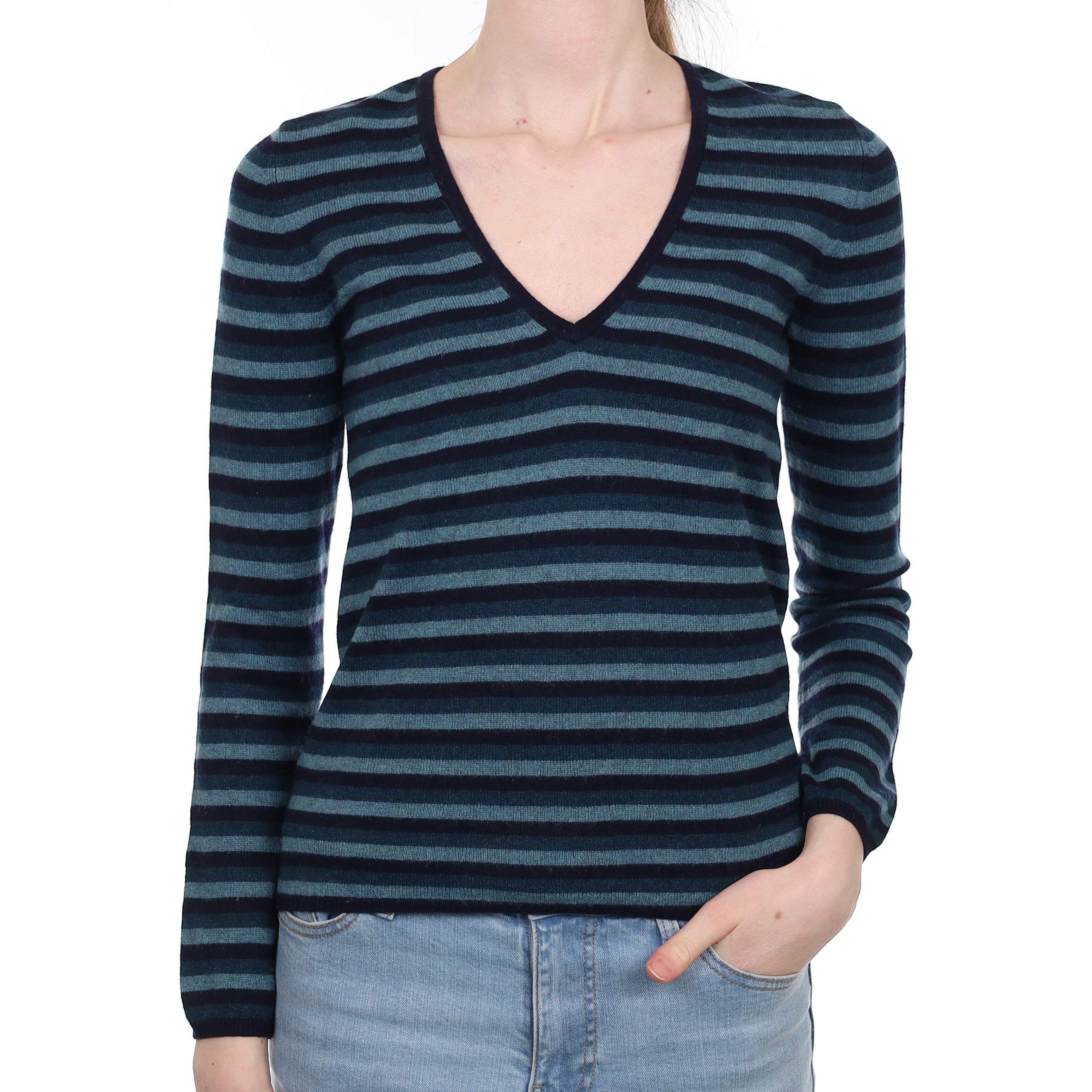Blue and Navy Striped Cashmere V Neck Jumper Extra Small
