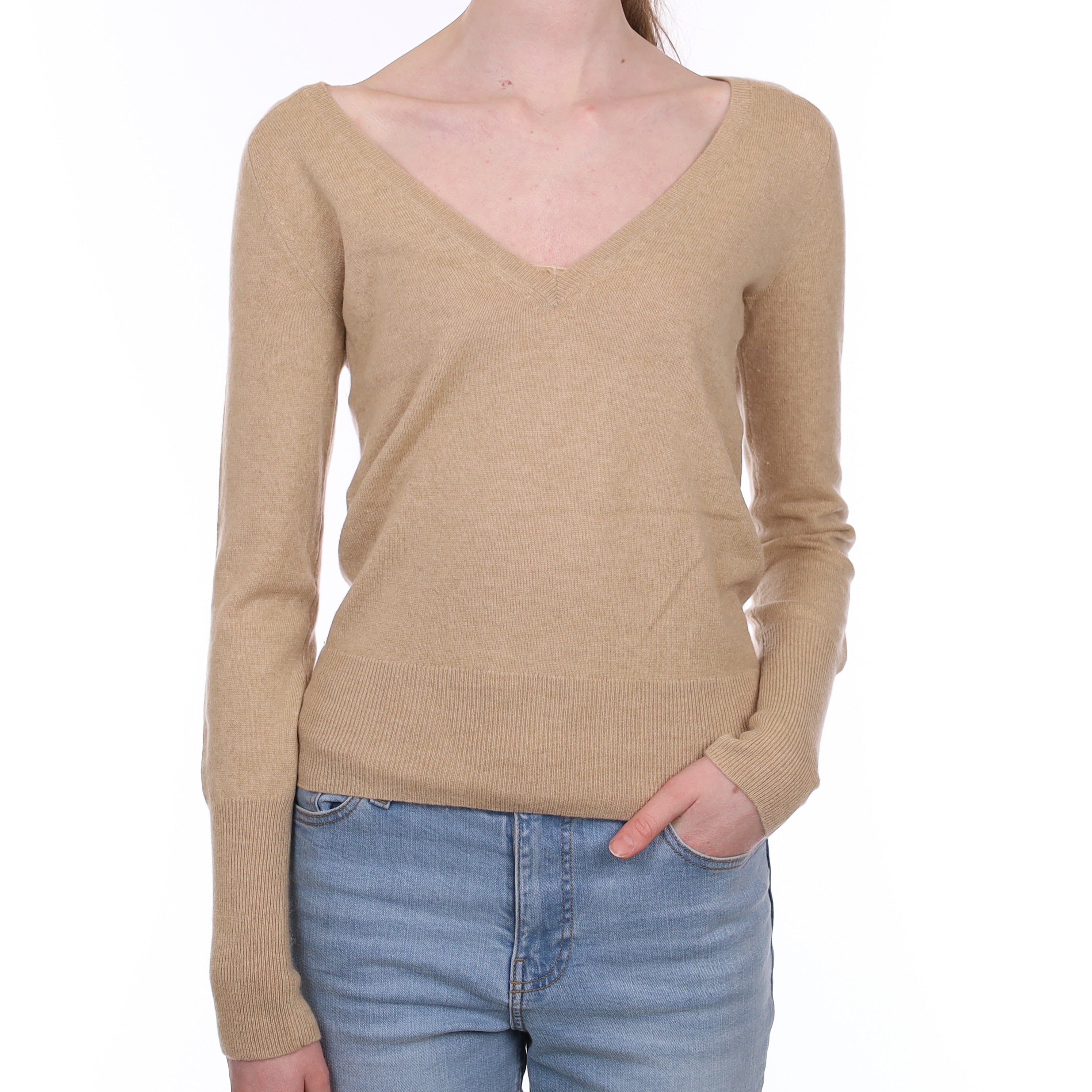 Soft Caramel Cashmere Low V Neck Jumper Extra Small