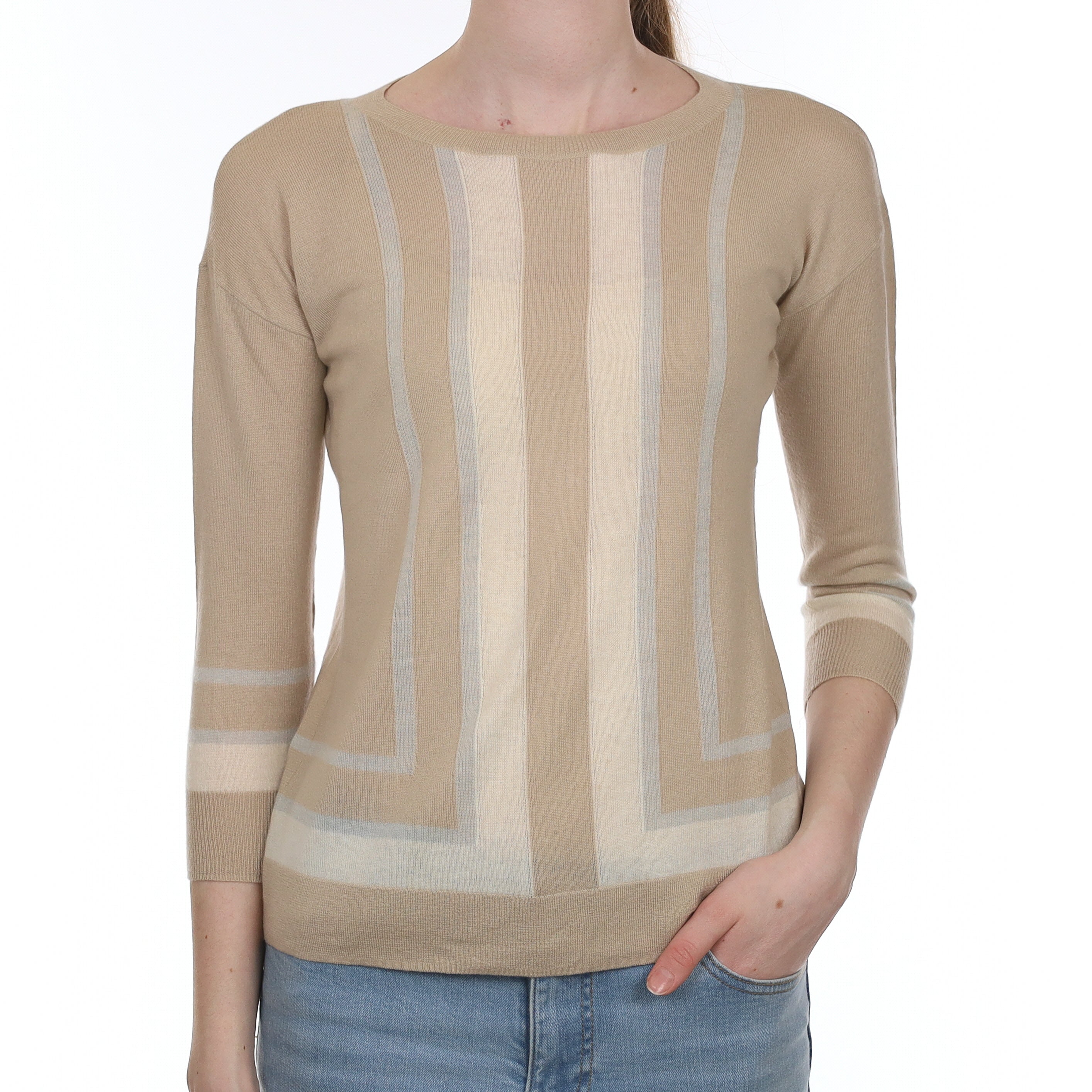 Beige Striped Fine Knit Cashmere Crew Neck Jumper Extra Small