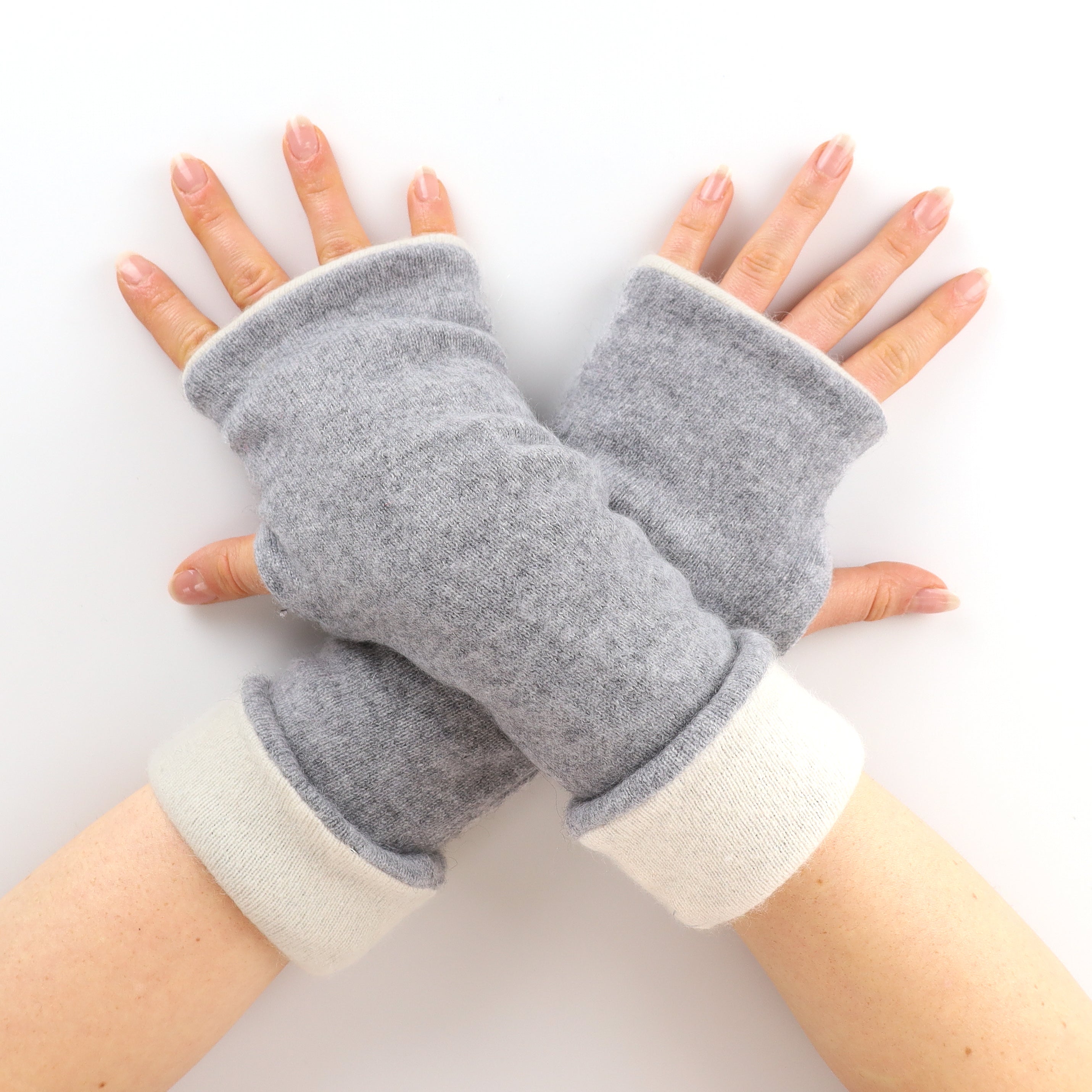 Smoke Grey and Cream Cashmere Fingerless Gloves