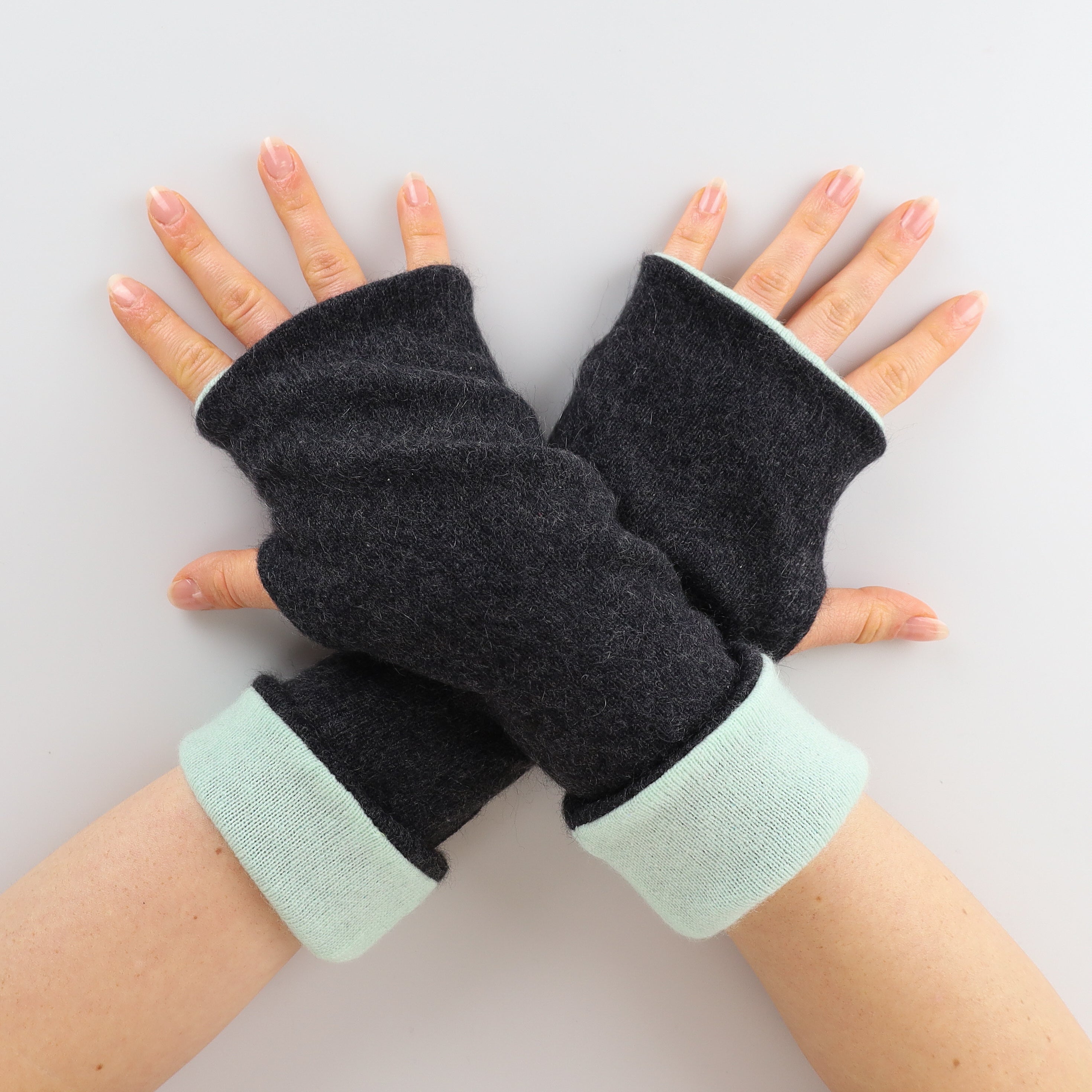 Charcoal Grey and Mint Green Fingerless Gloves