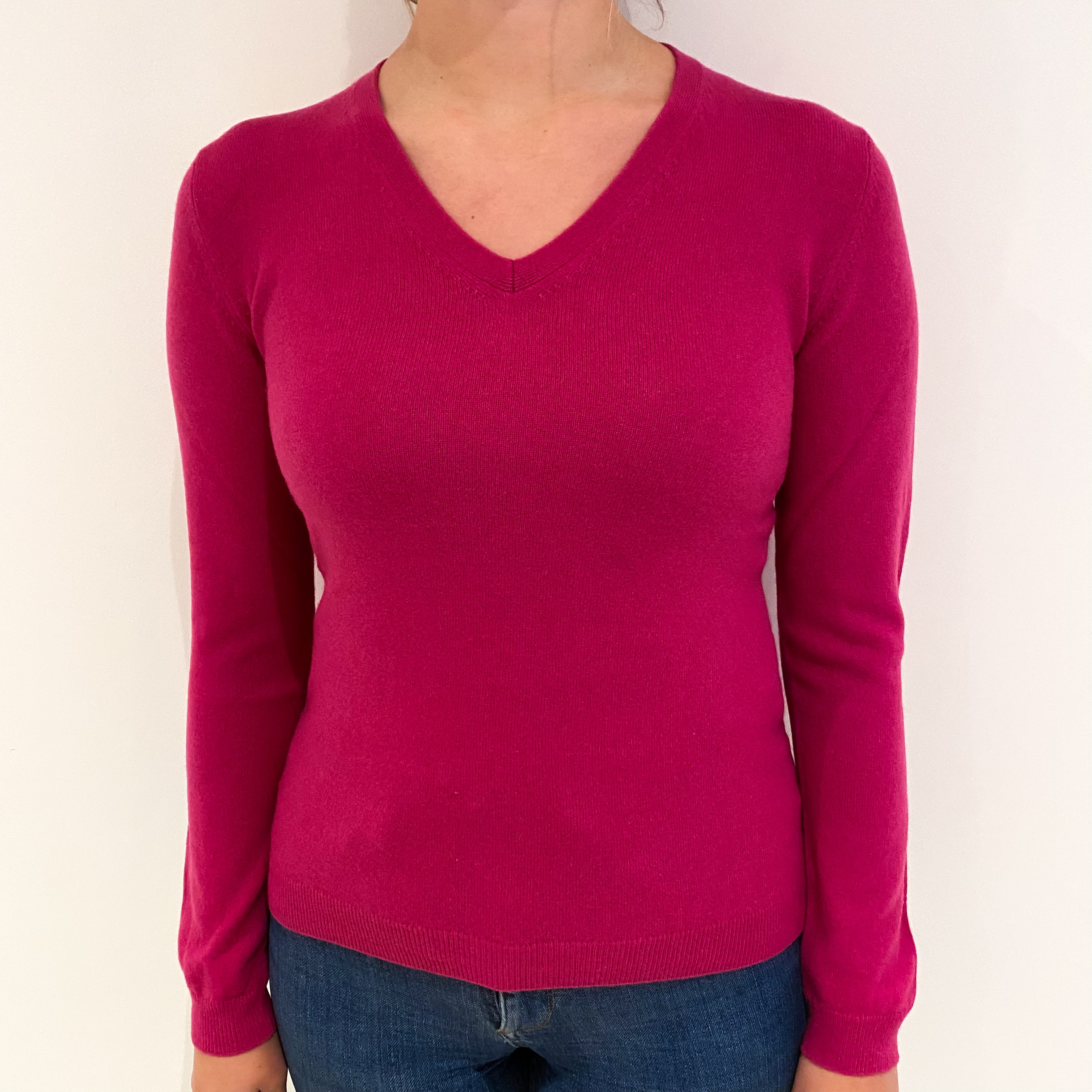 Magenta Pink Cashmere V Neck Jumper Small