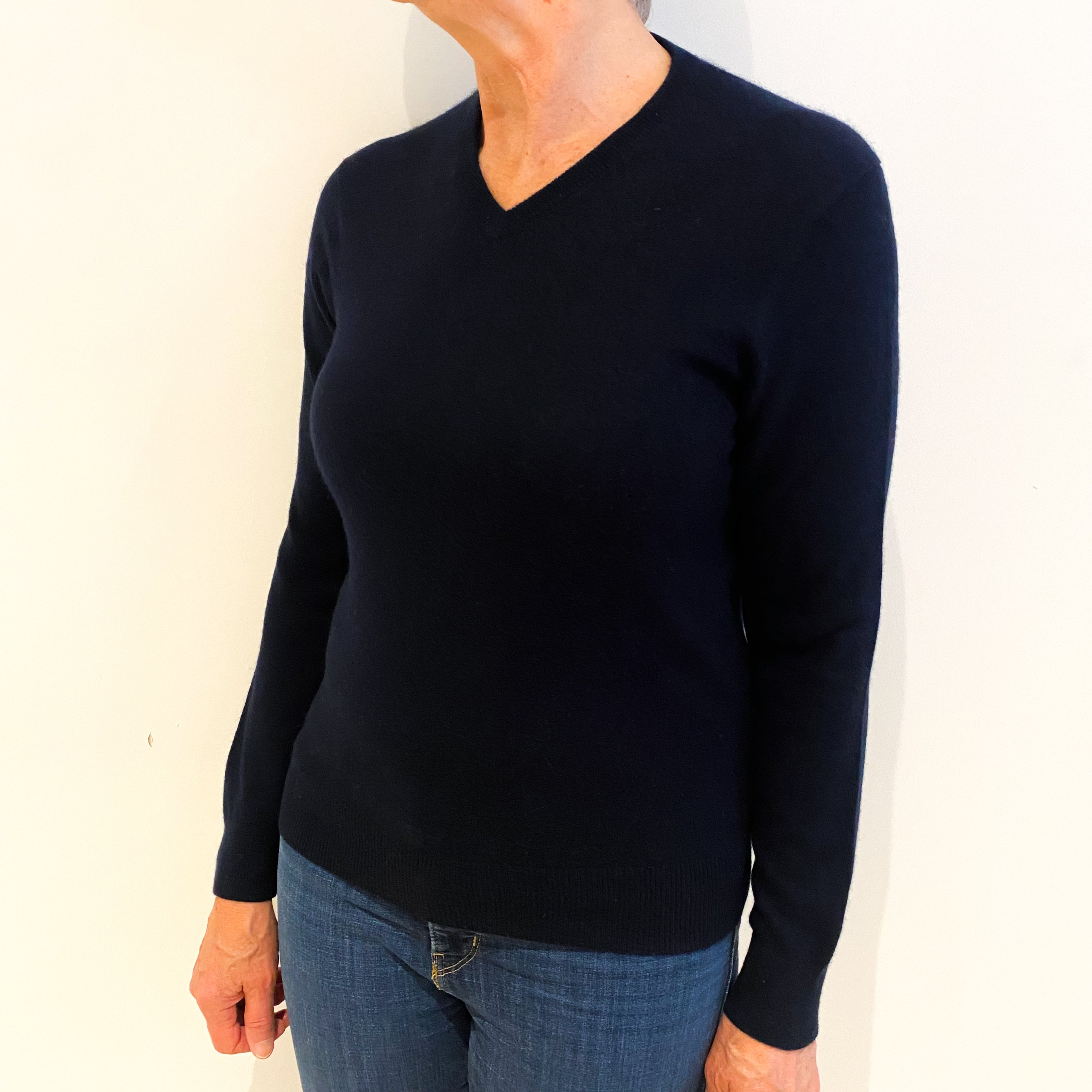 Navy Blue Cashmere V Neck Jumper Medium