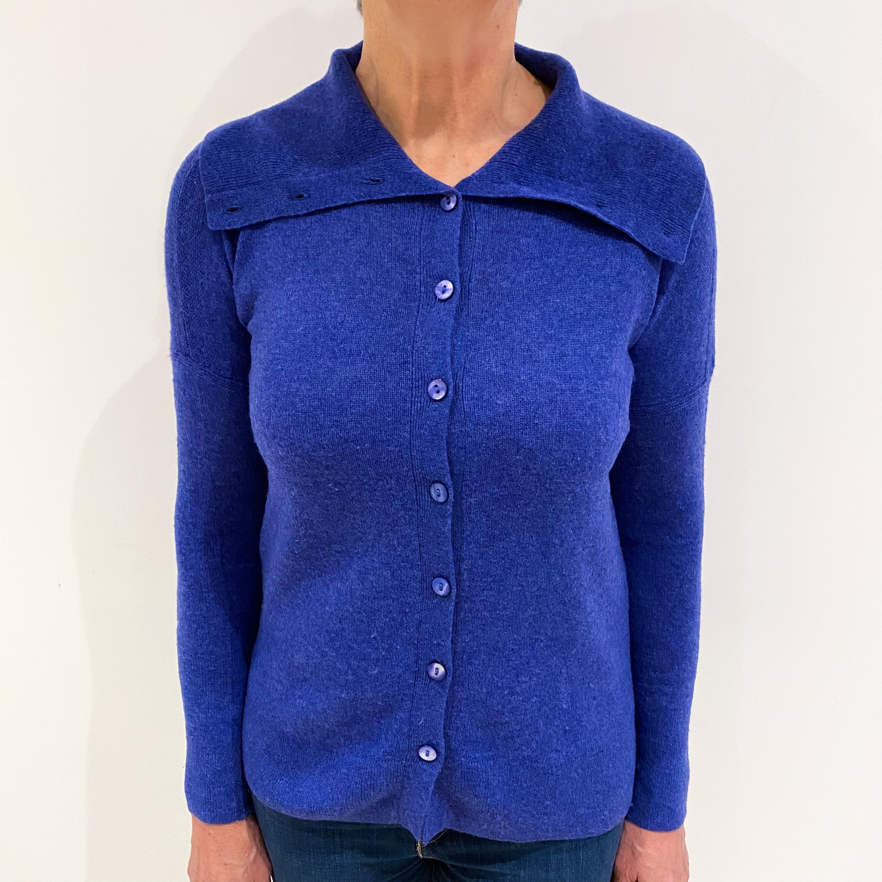 Tanzanite Blue Cashmere Polo Collar Cardigan Medium