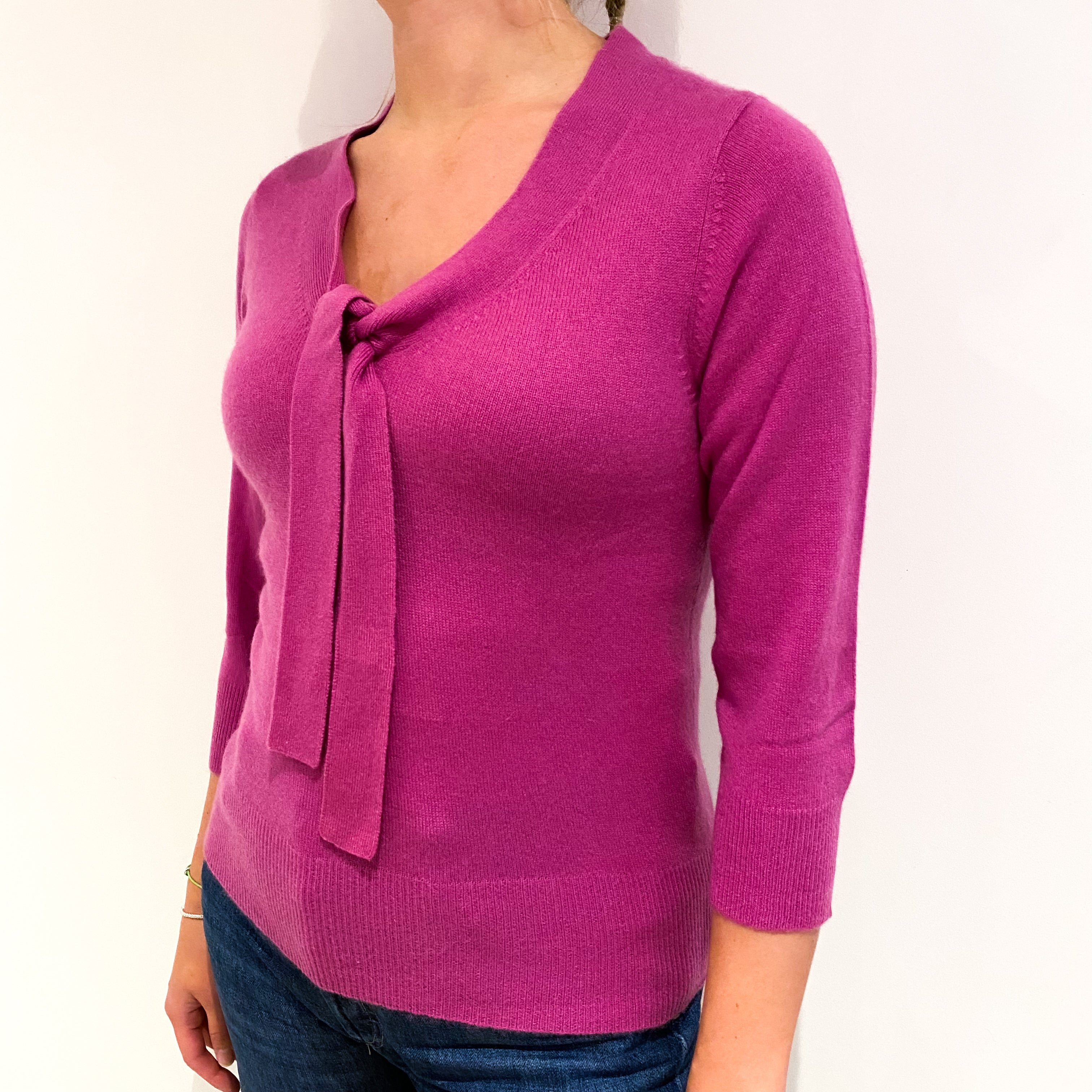 Fuchsia Pink Cashmere V Neck Jumper Small