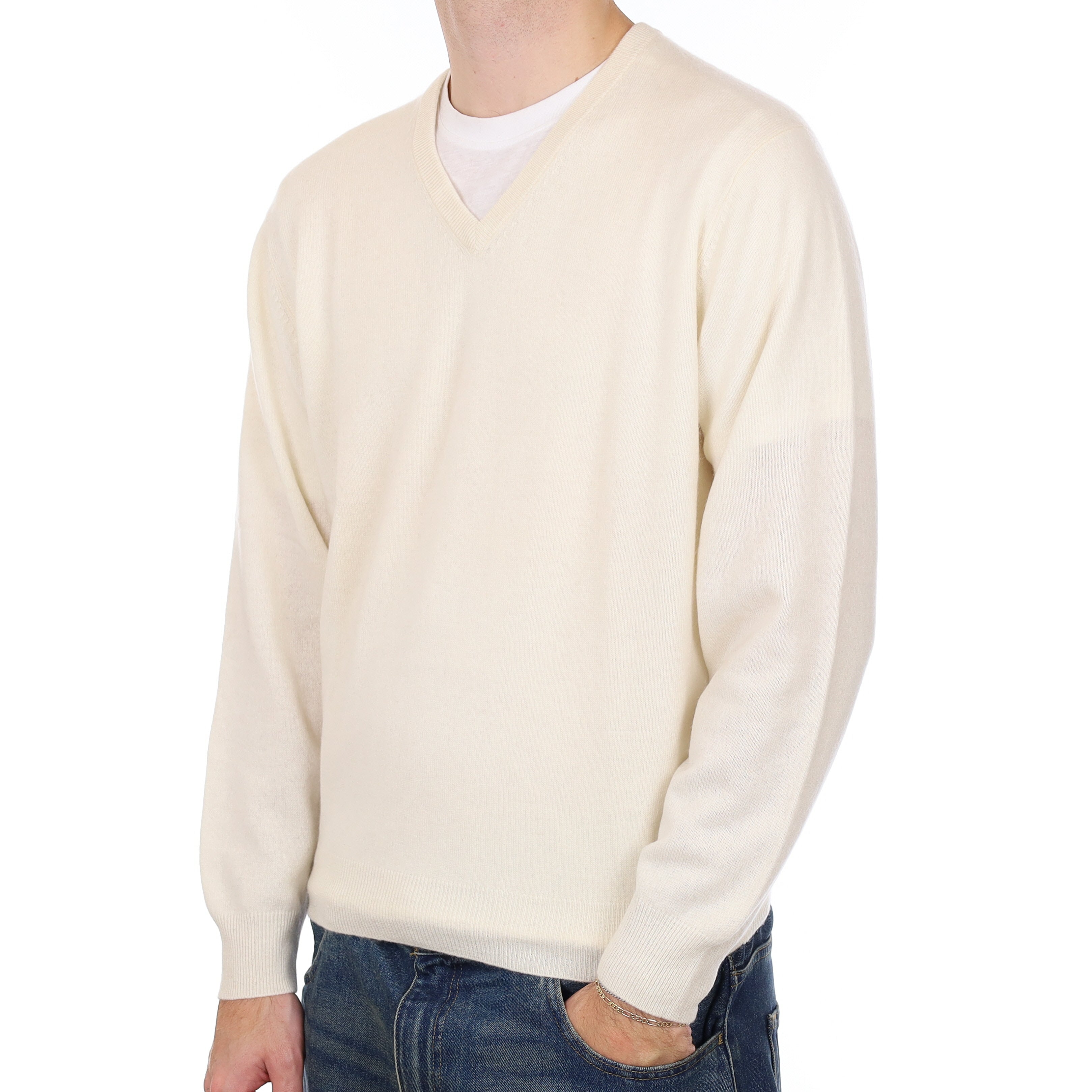 Men’s Ivory Cashmere V Neck Jumper Large