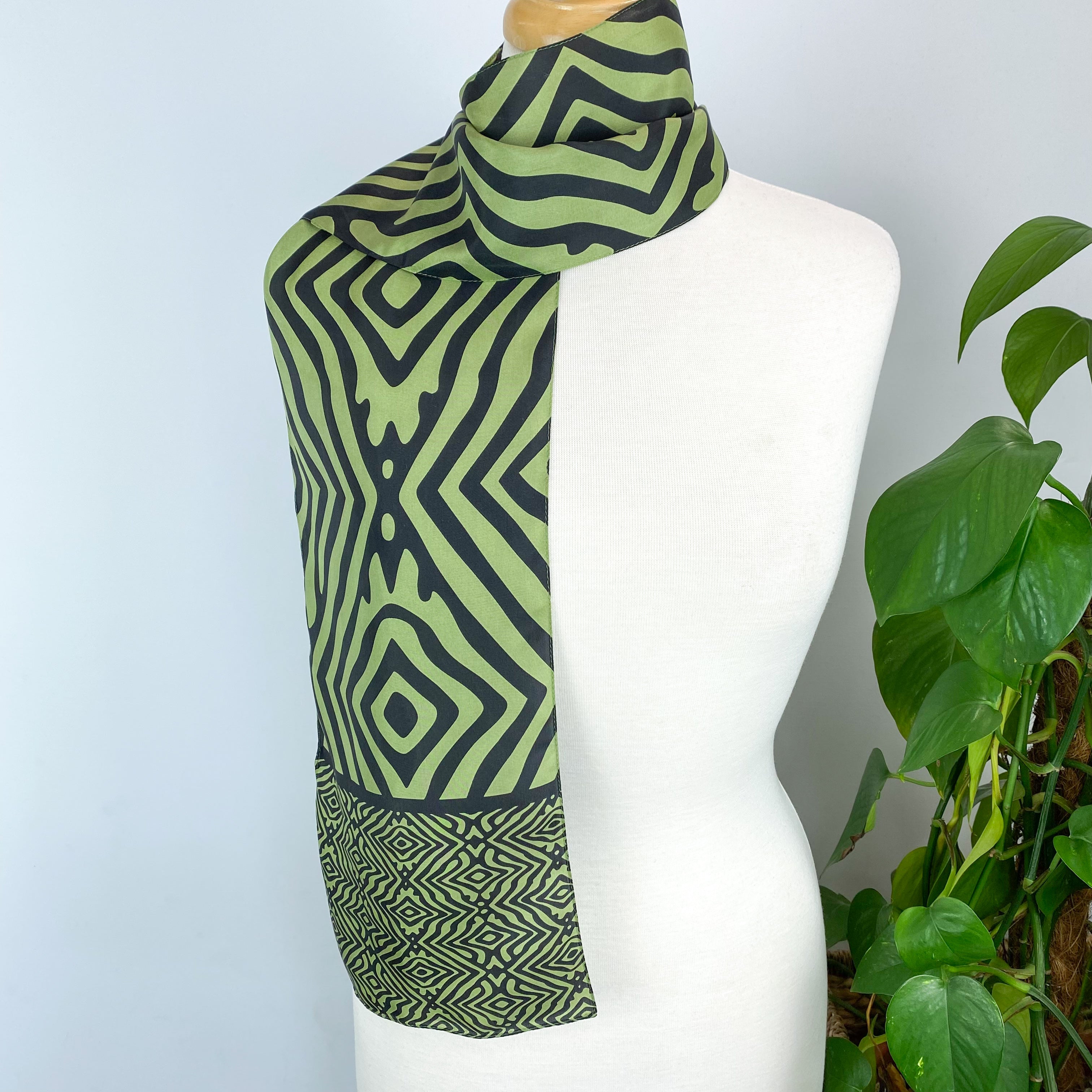 Black and Lime Green Long Silk Scarf