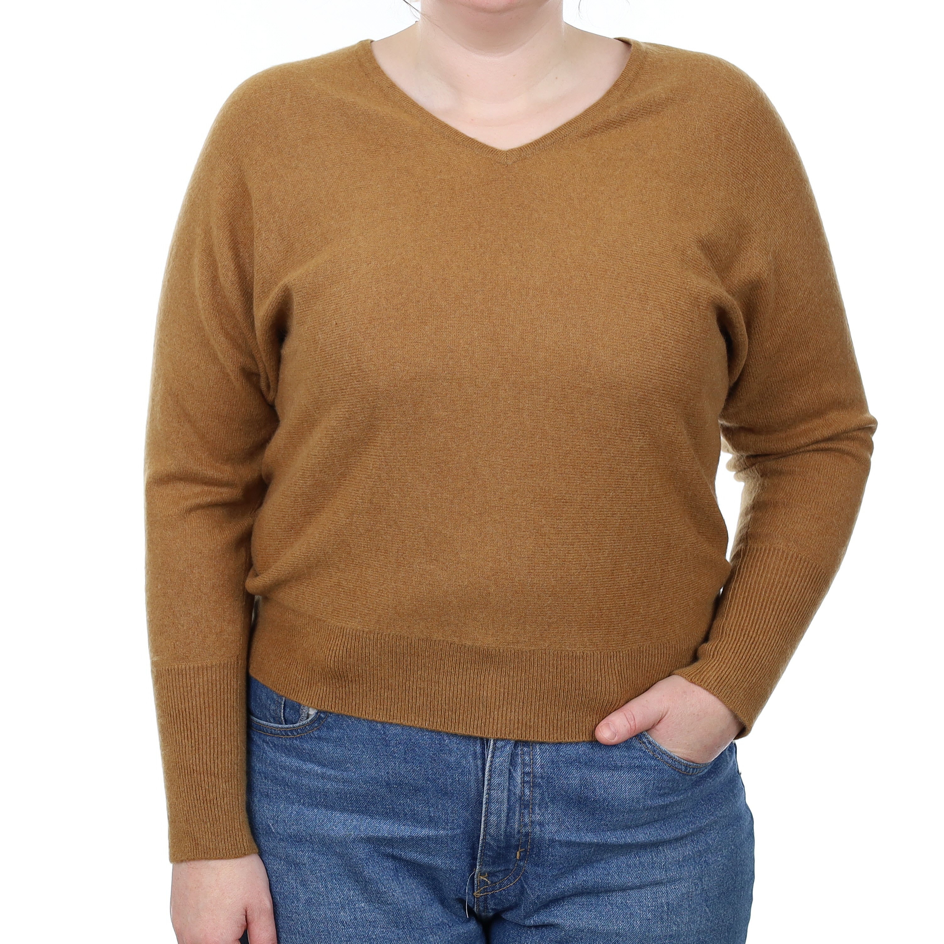 Butterscotch Brown Cashmere Batwing V Neck Jumper Large