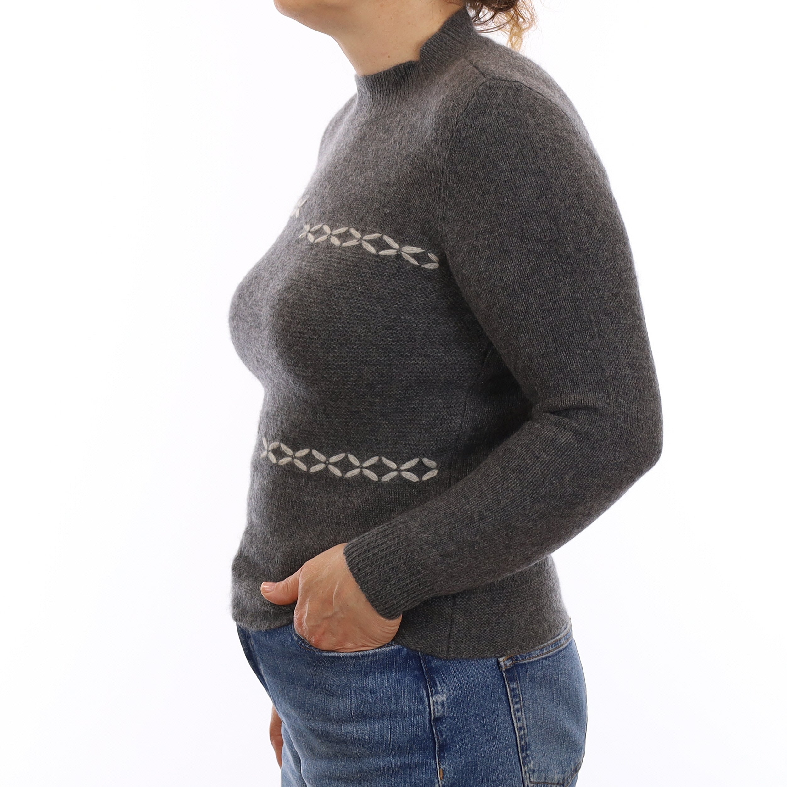 Slate Grey Detailed Cashmere Turtle Neck Jumper Medium