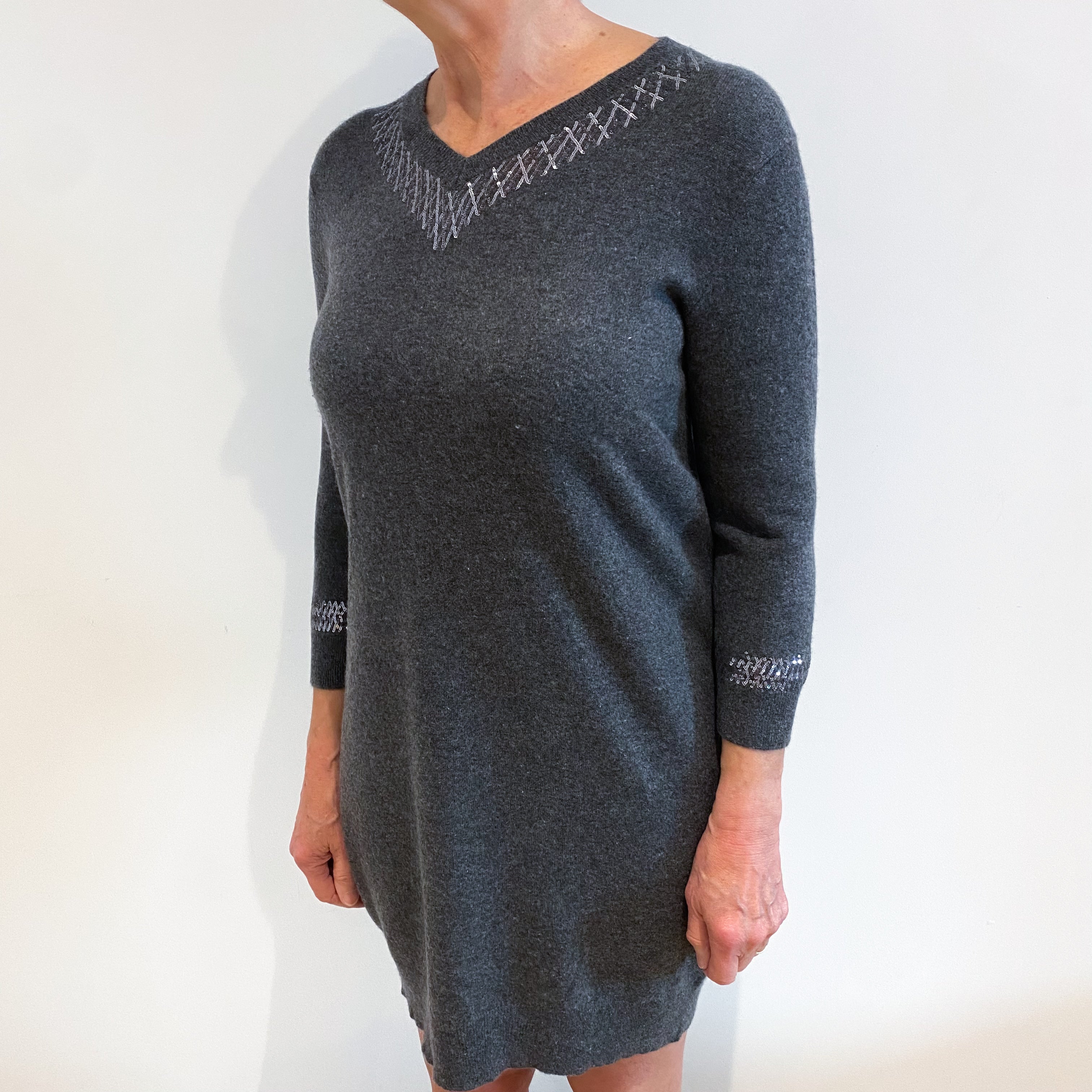 Slate Grey Sequinned Cashmere V Neck Dress Medium