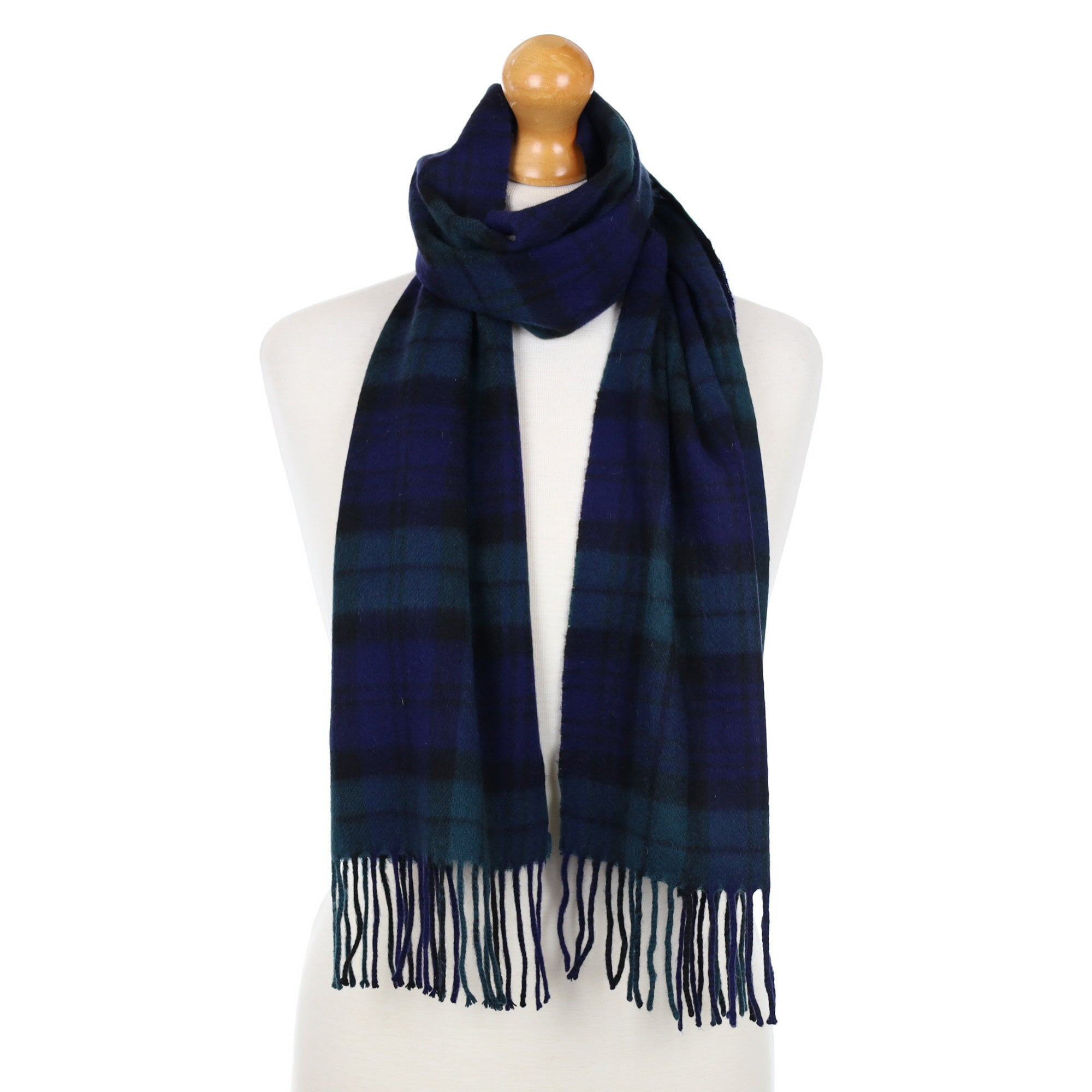 Scottish Blue Green Tartan Cashmere Fringed Woven Scarf