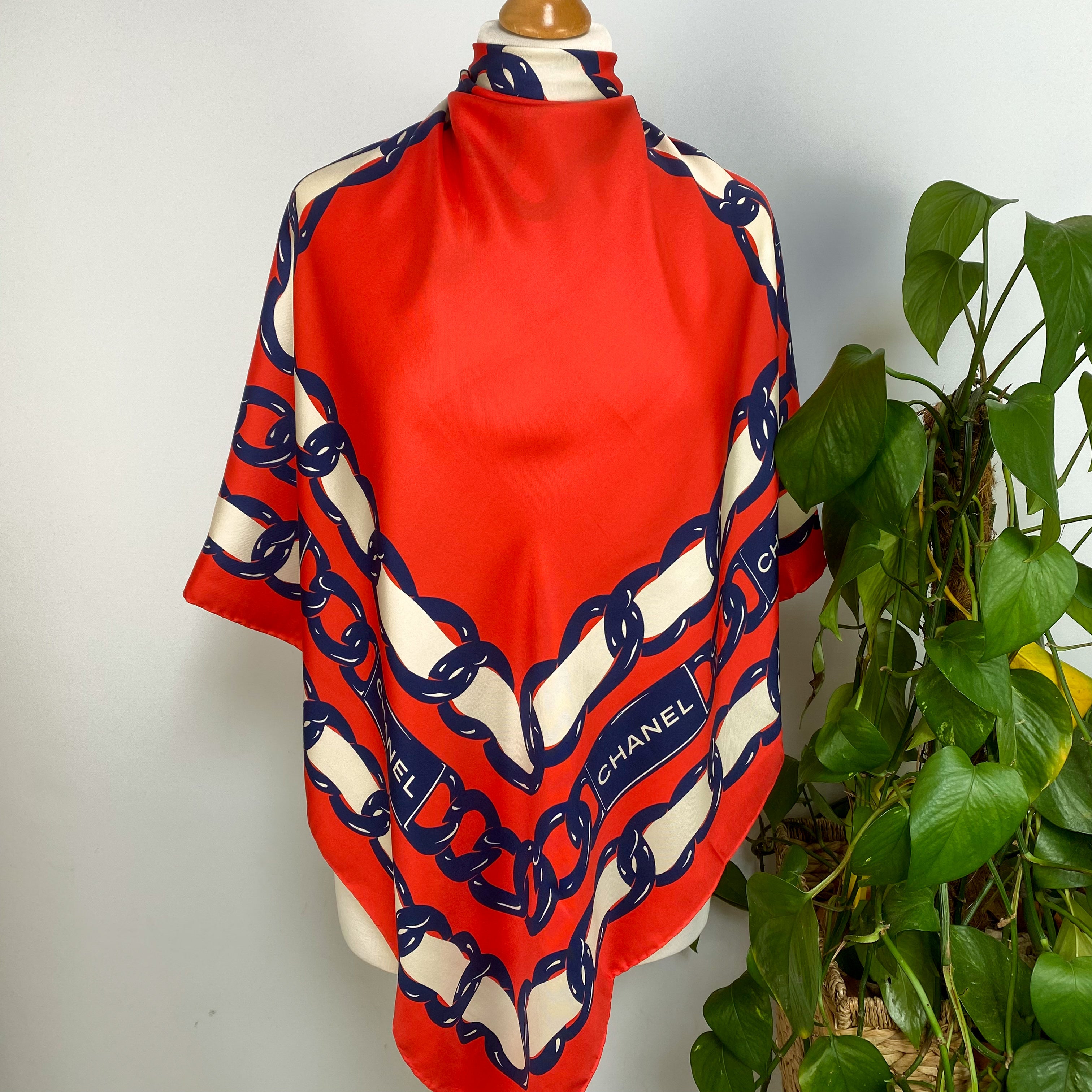 Brand New Chanel Red, White and Blue Silk Scarf