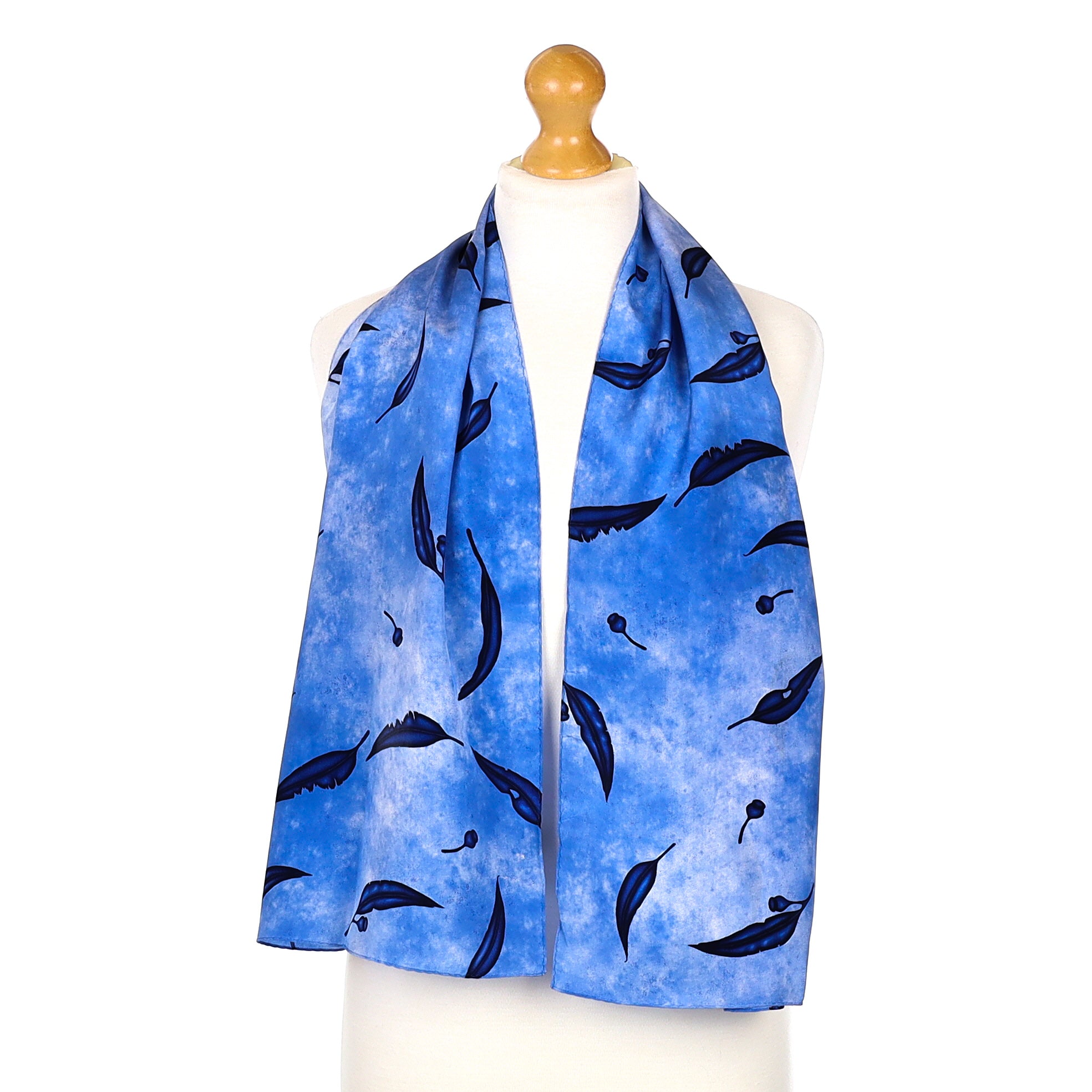 Unworn Blue Feather Silk Scarf