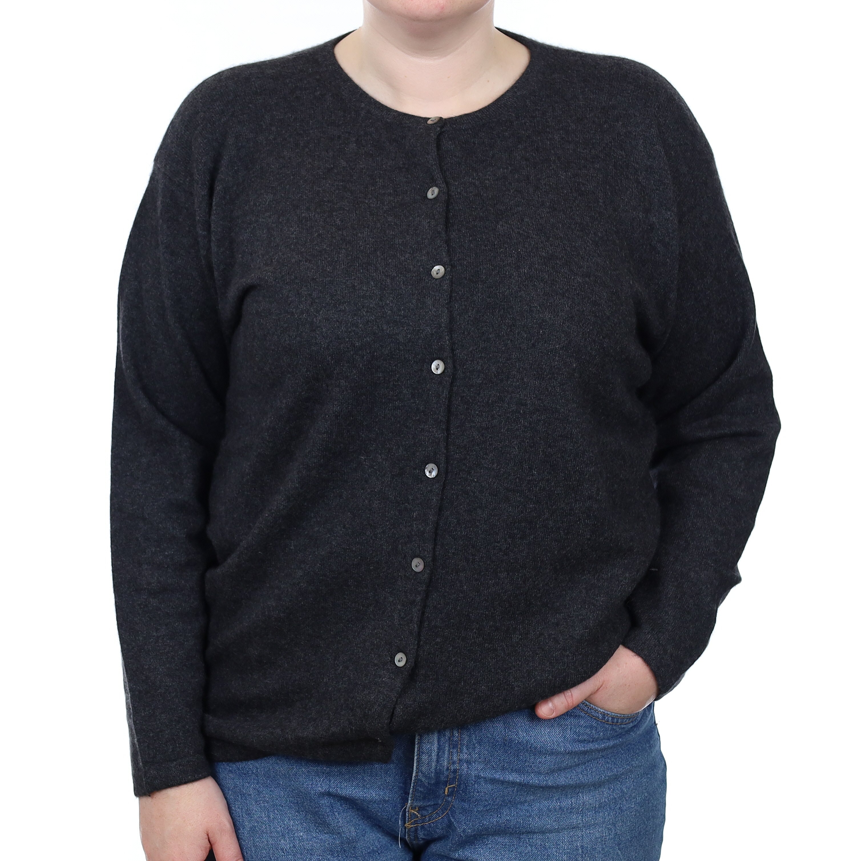 Charcoal Grey Cashmere Crew Neck Cardigan Large