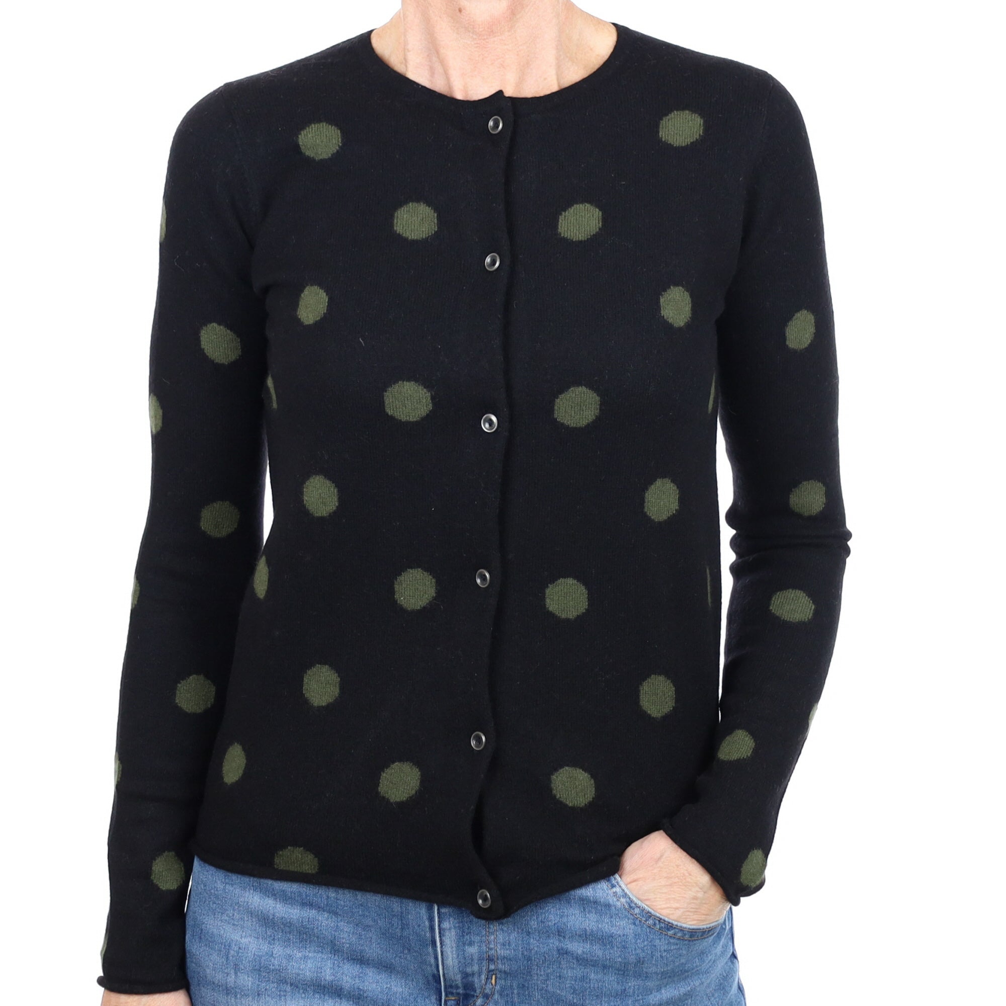 Black and Sage Spotted Cashmere Crew Neck Cardigan Small