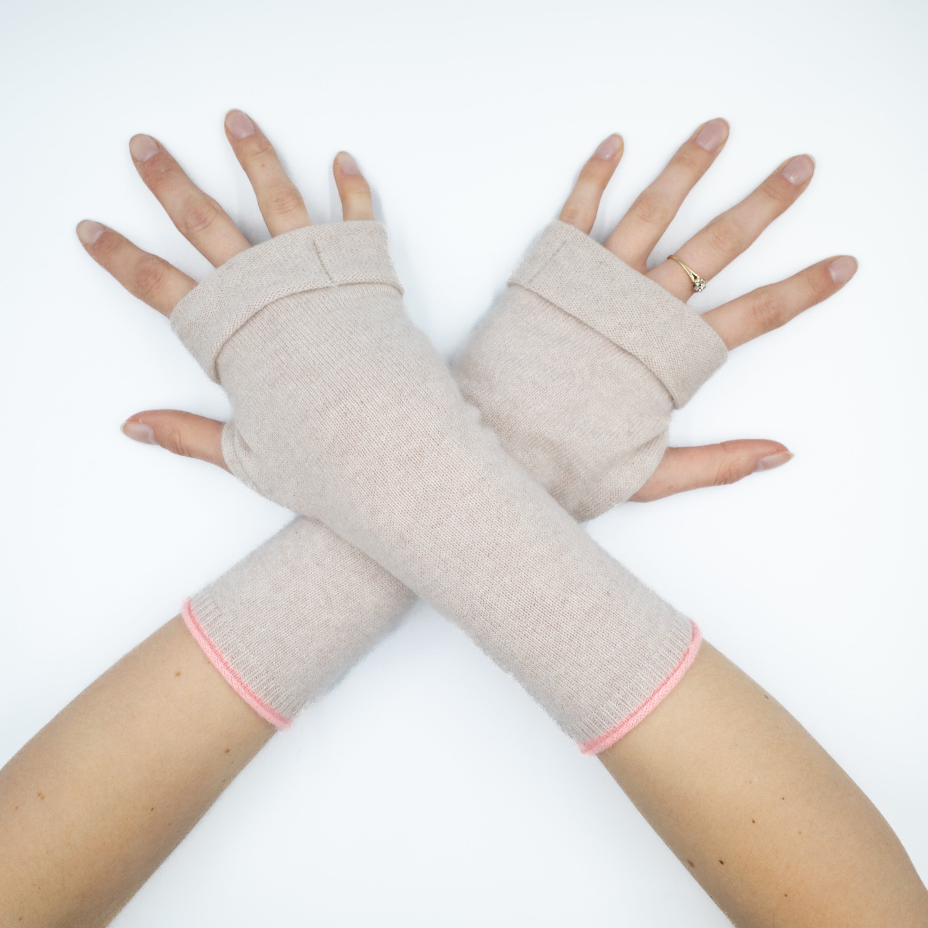 Palest Oatmeal Grey with Pink Hem Fingerless Gloves