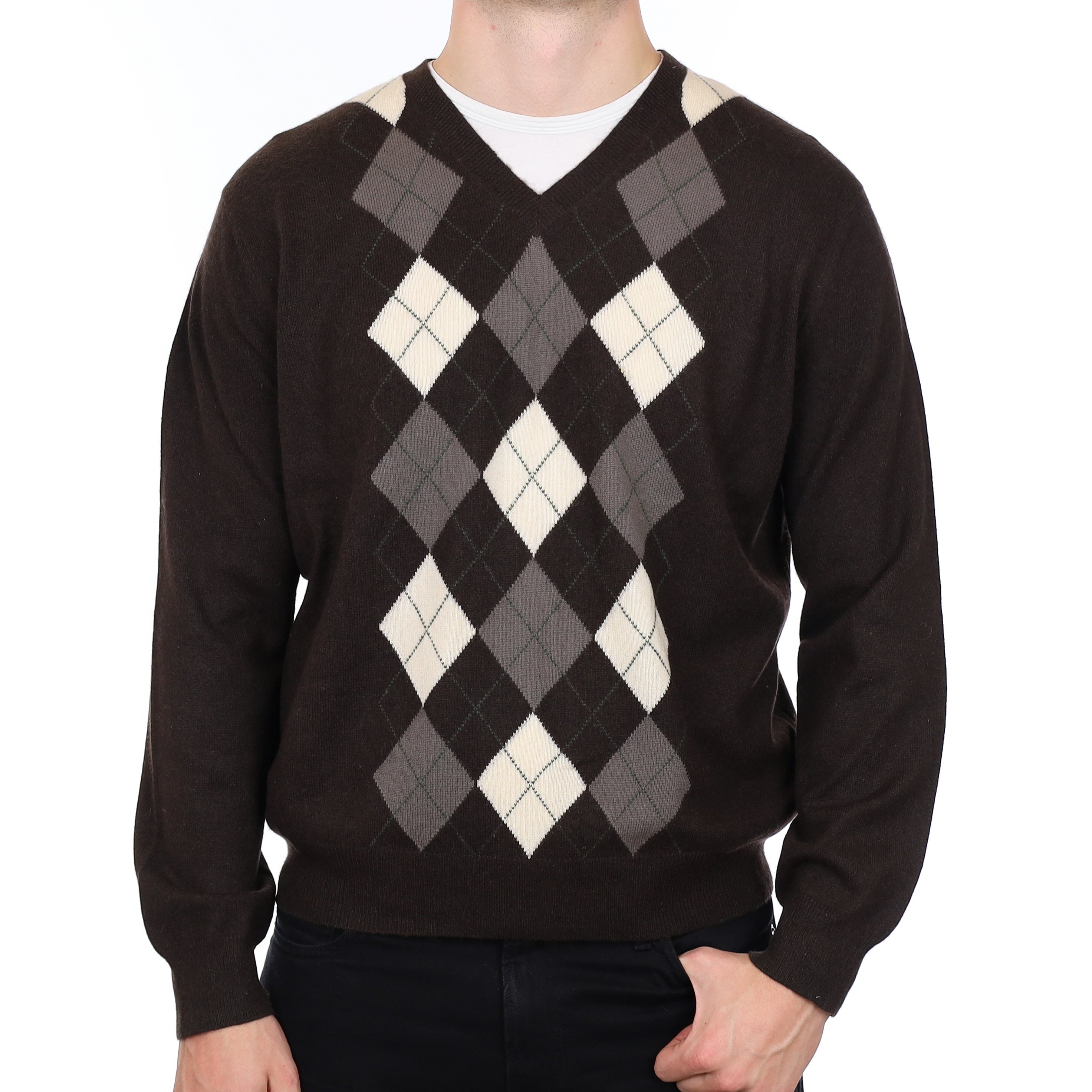 Men’s Chocolate Brown Argyle Cashmere V Neck Jumper Extra Large