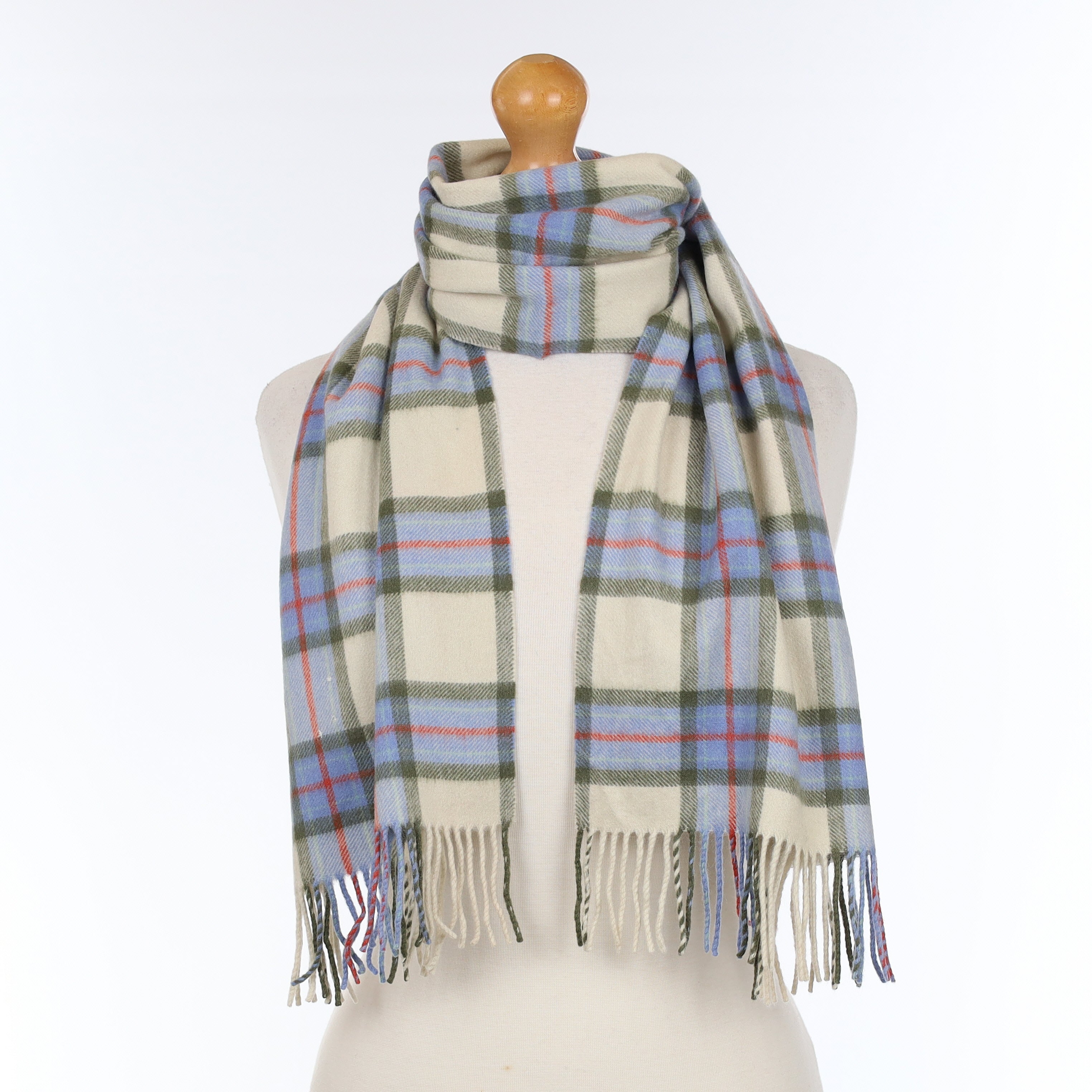 Cream and Blue Checked Cashmere Woven Scarf