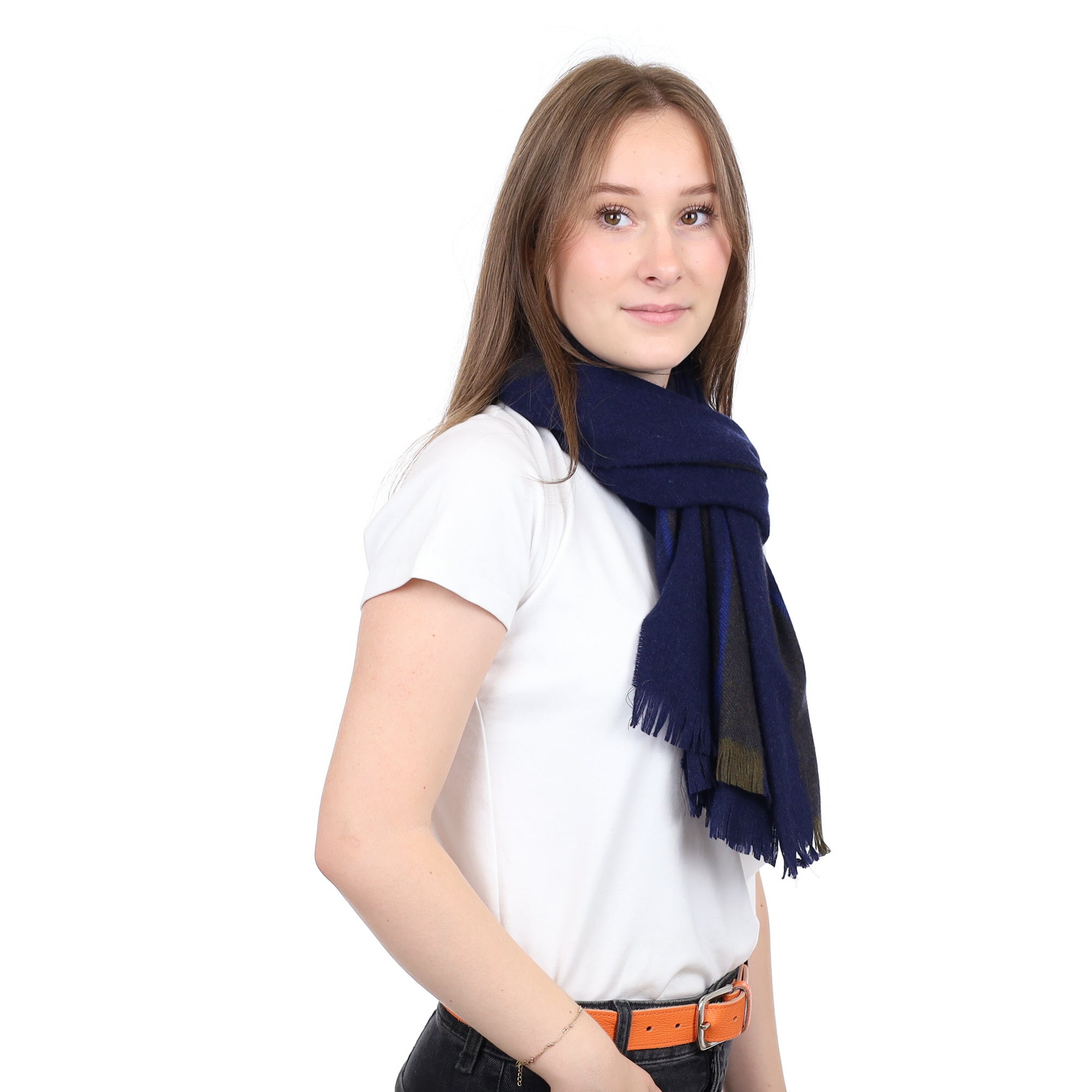 Brand New British Navy & Khaki Stripe Luxury Woven Cashmere Mini Wrap