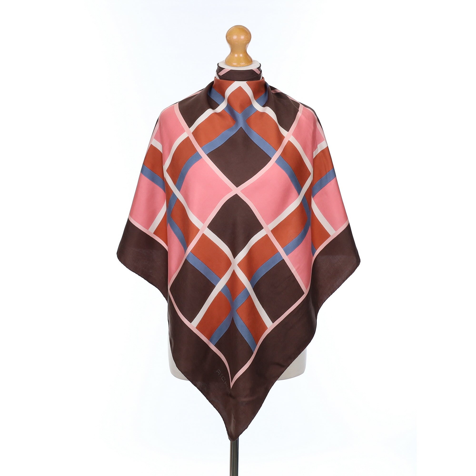 Richel Brown and Pink Checked Vintage Silk Scarf