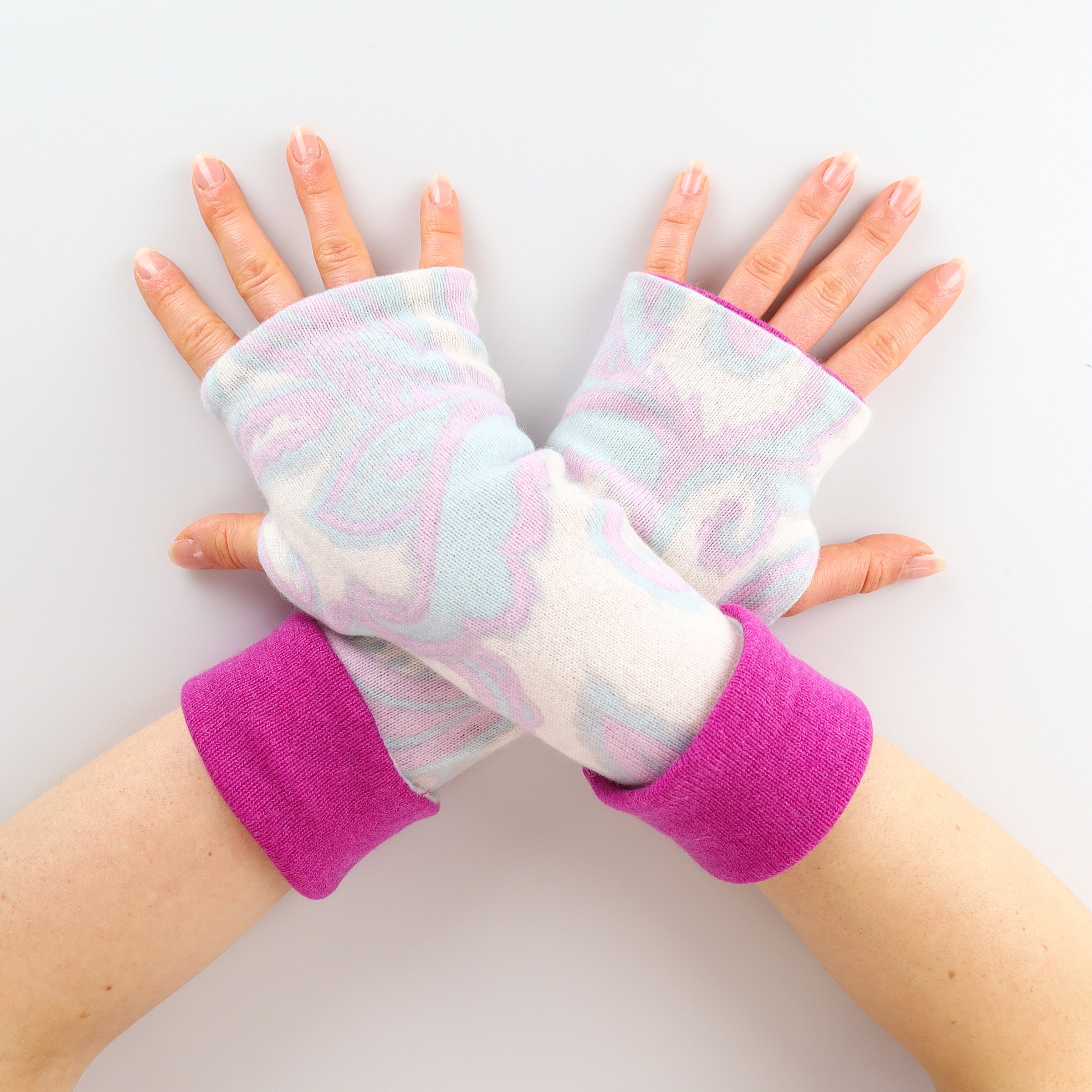 Pastel Paisley and Magenta Reversible Cashmere Fingerless Gloves