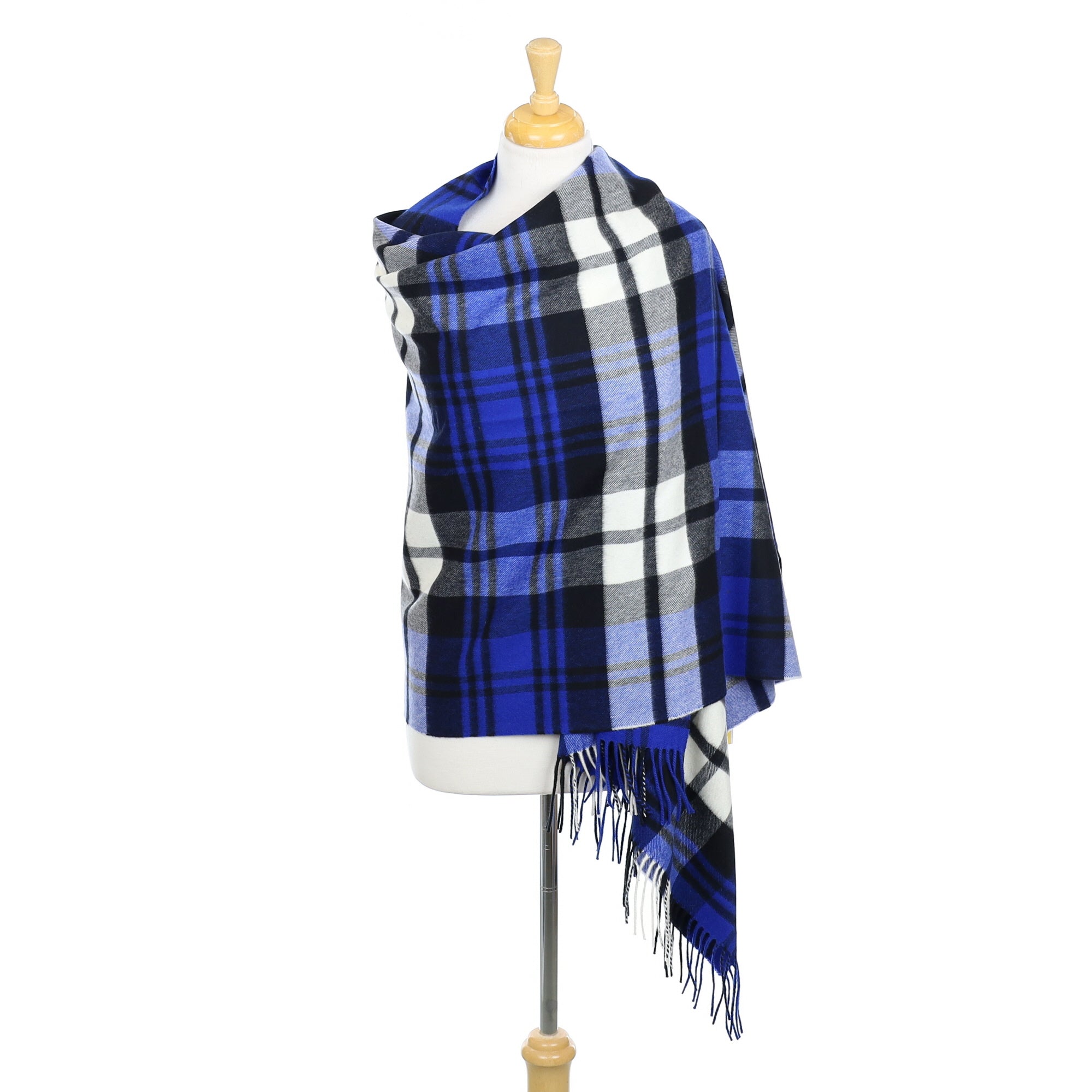 Brand New Scottish Electric Blue and Black Tartan Luxury Cashmere Stole