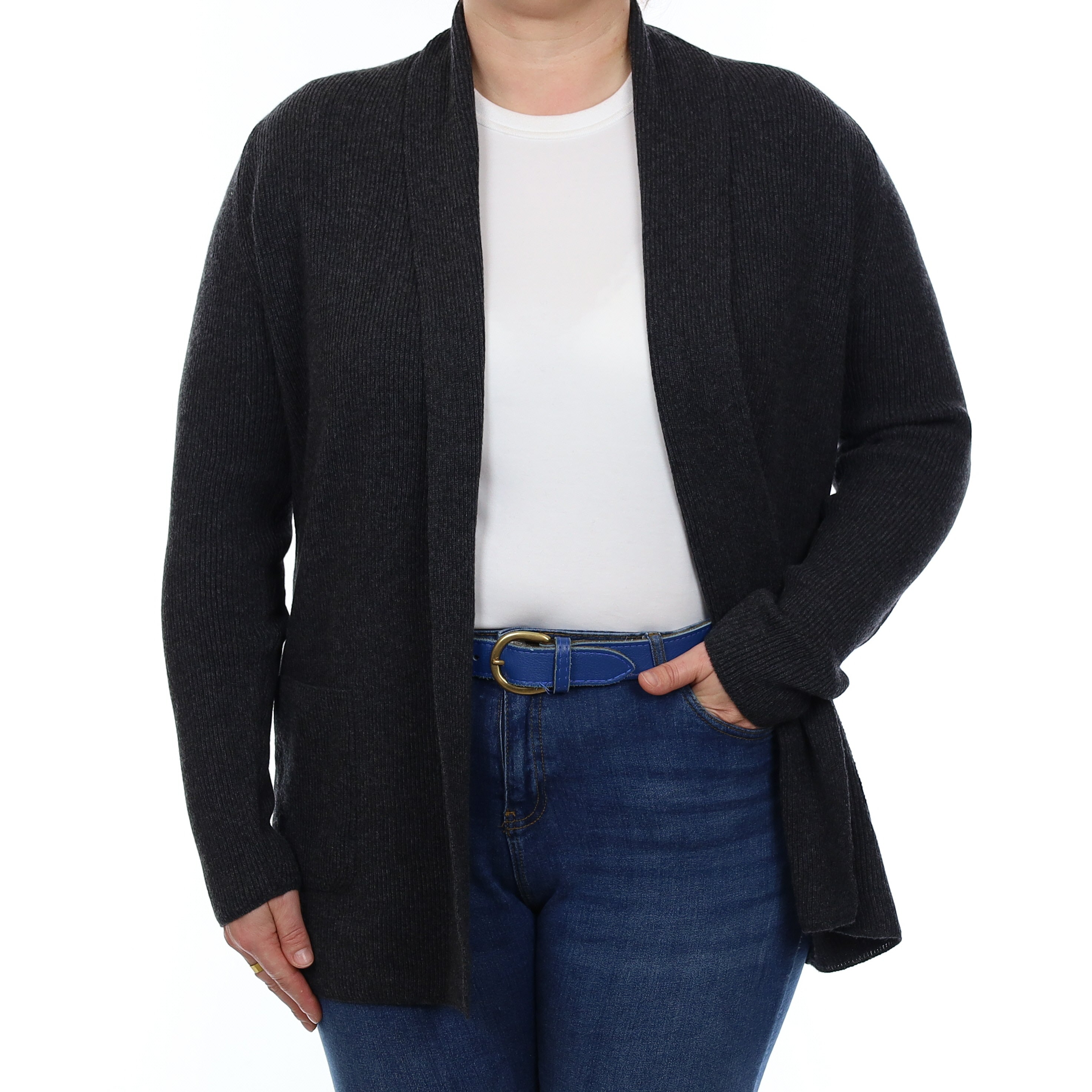 Brand New Scottish Graphite Grey Rib Cashmere Edge to Edge Cardigan Large