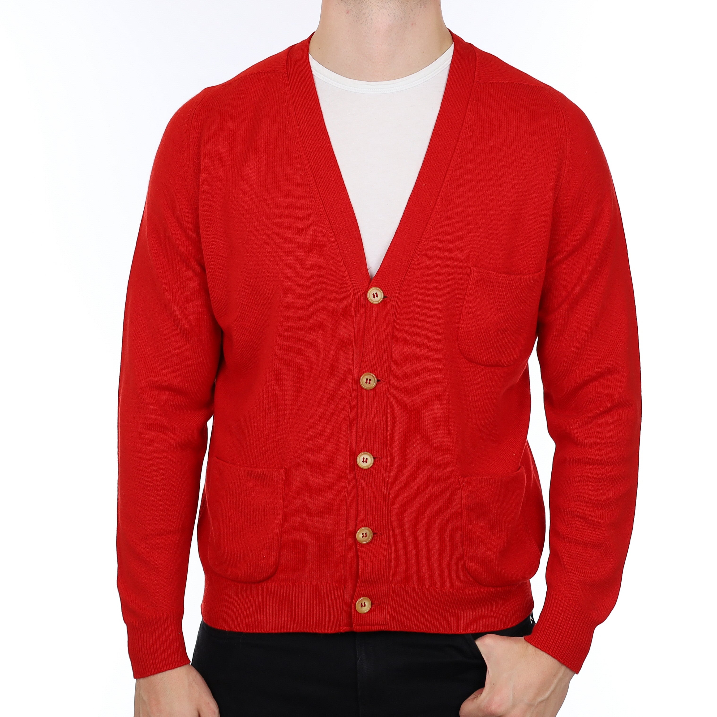 Men’s Scarlet Red Cashmere V Neck Cardigan Extra Large