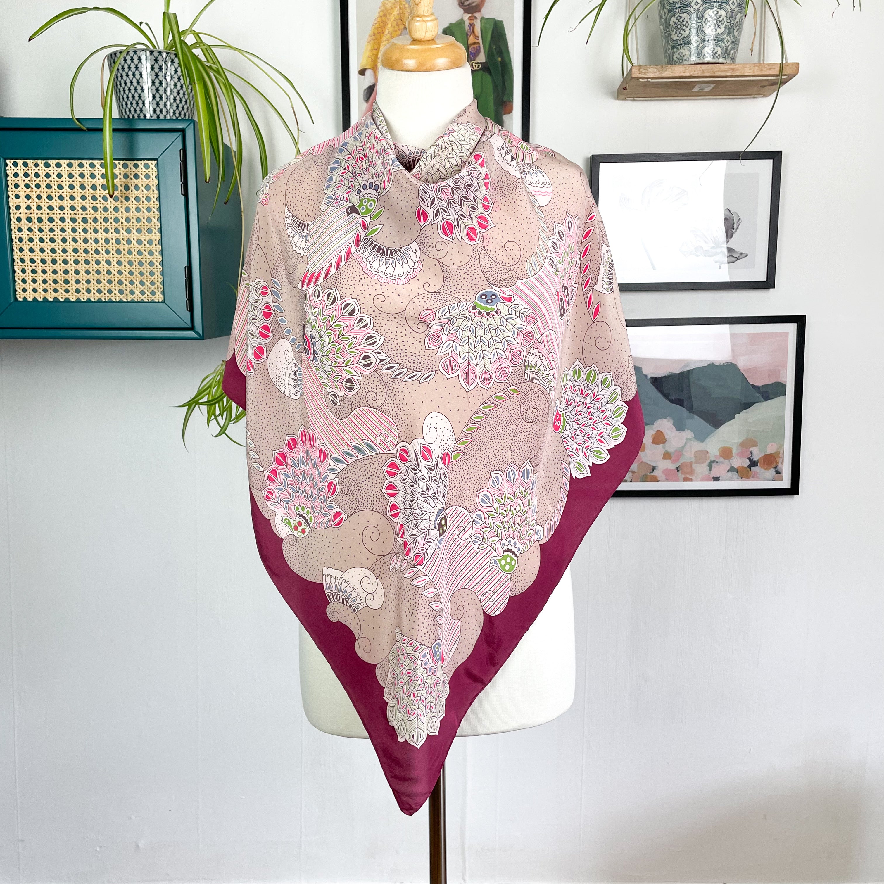 Jean Parel Peacock Design Vintage Silk Scarf