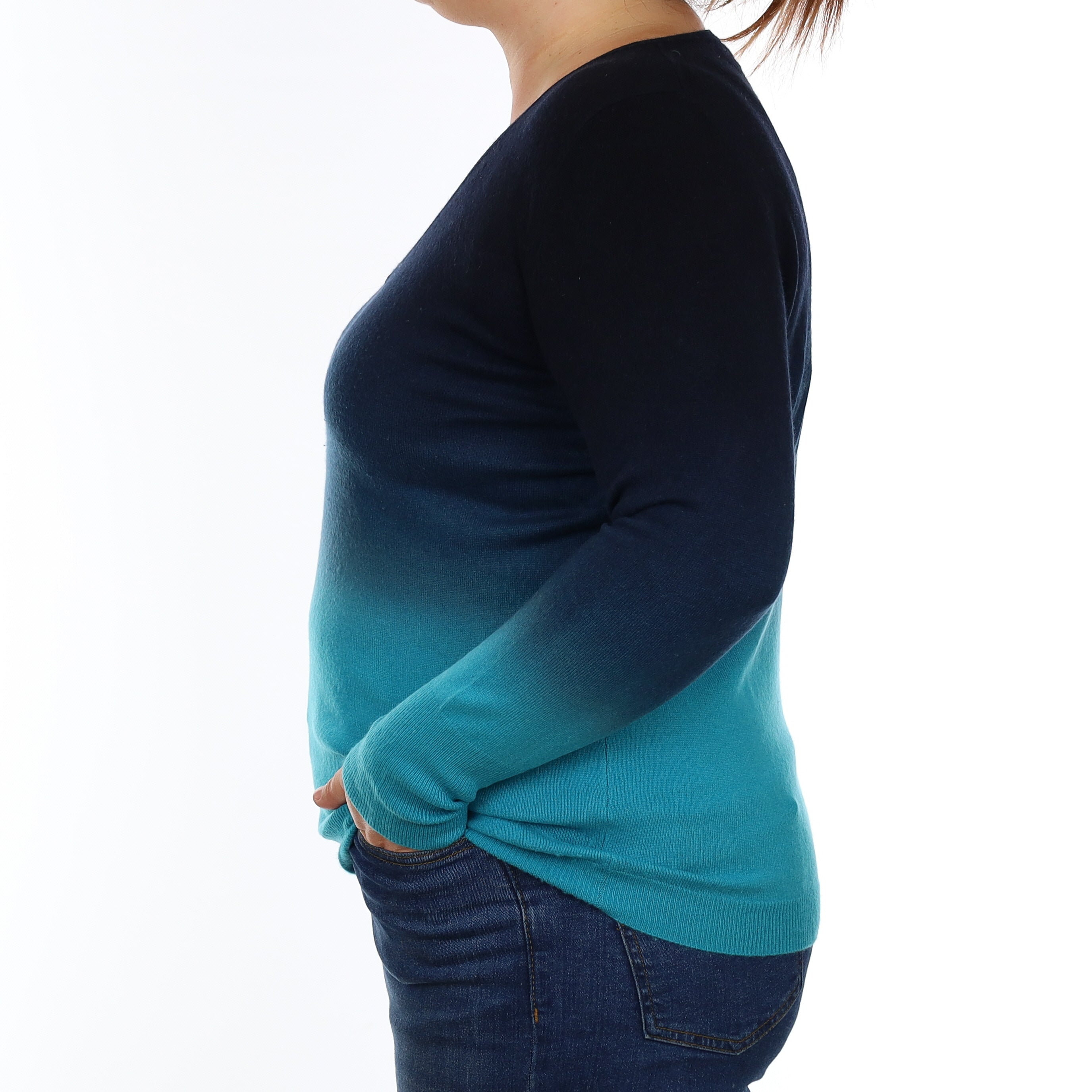 Turquoise and Navy Ombré Cashmere V Neck Jumper Large