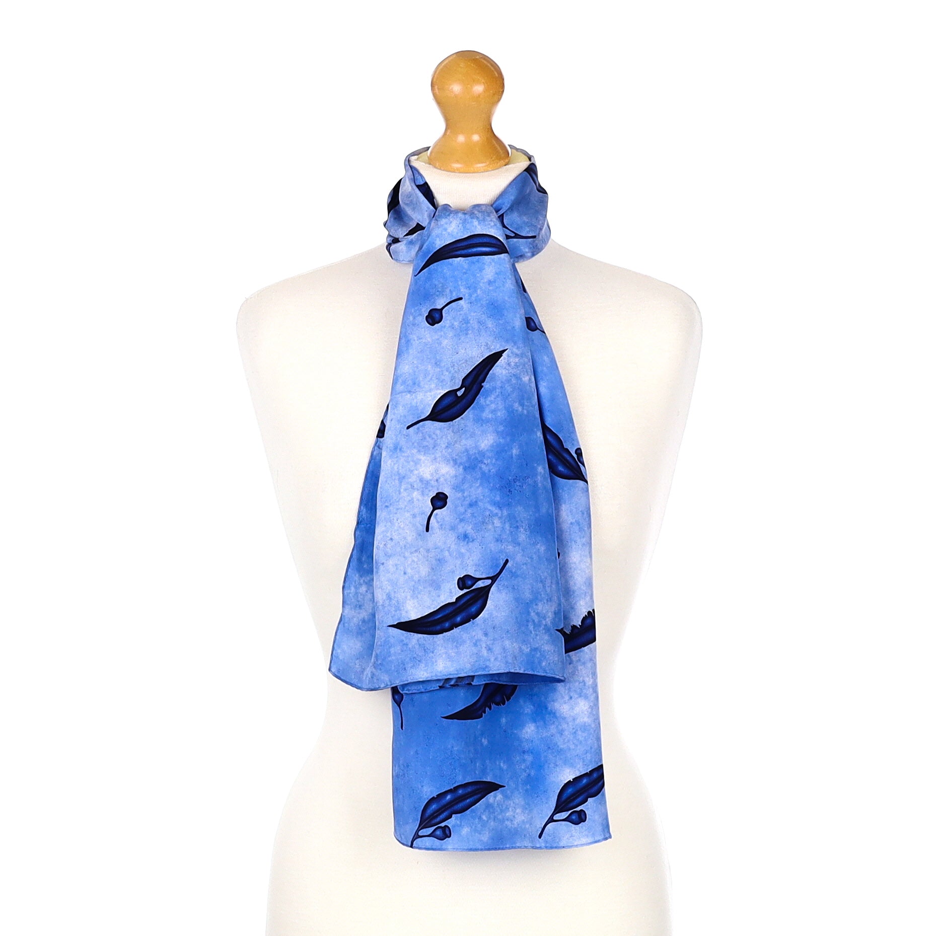 Unworn Blue Feather Silk Scarf