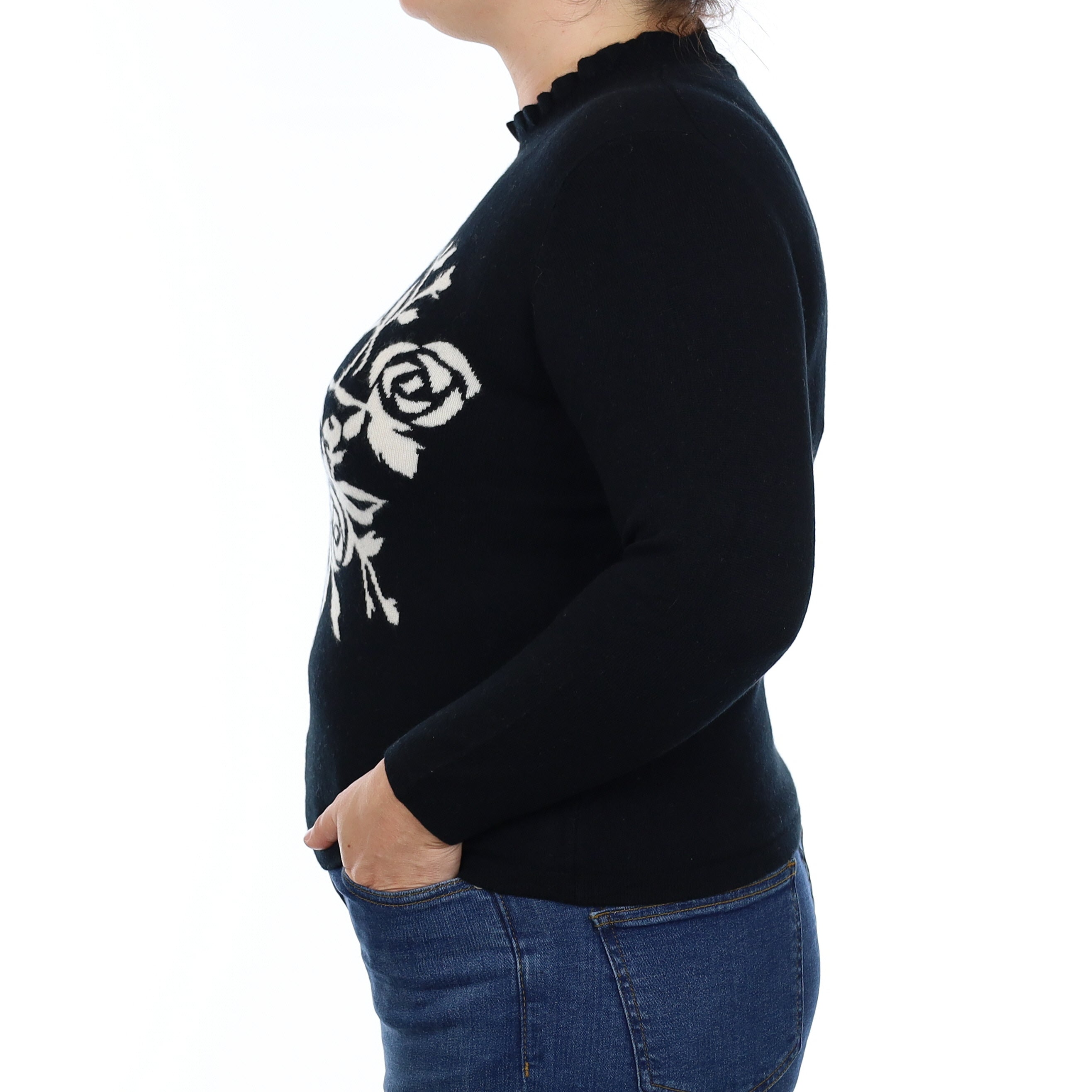 Black and Ivory Floral Cashmere Ruffle Edge Turtle Neck Jumper Large