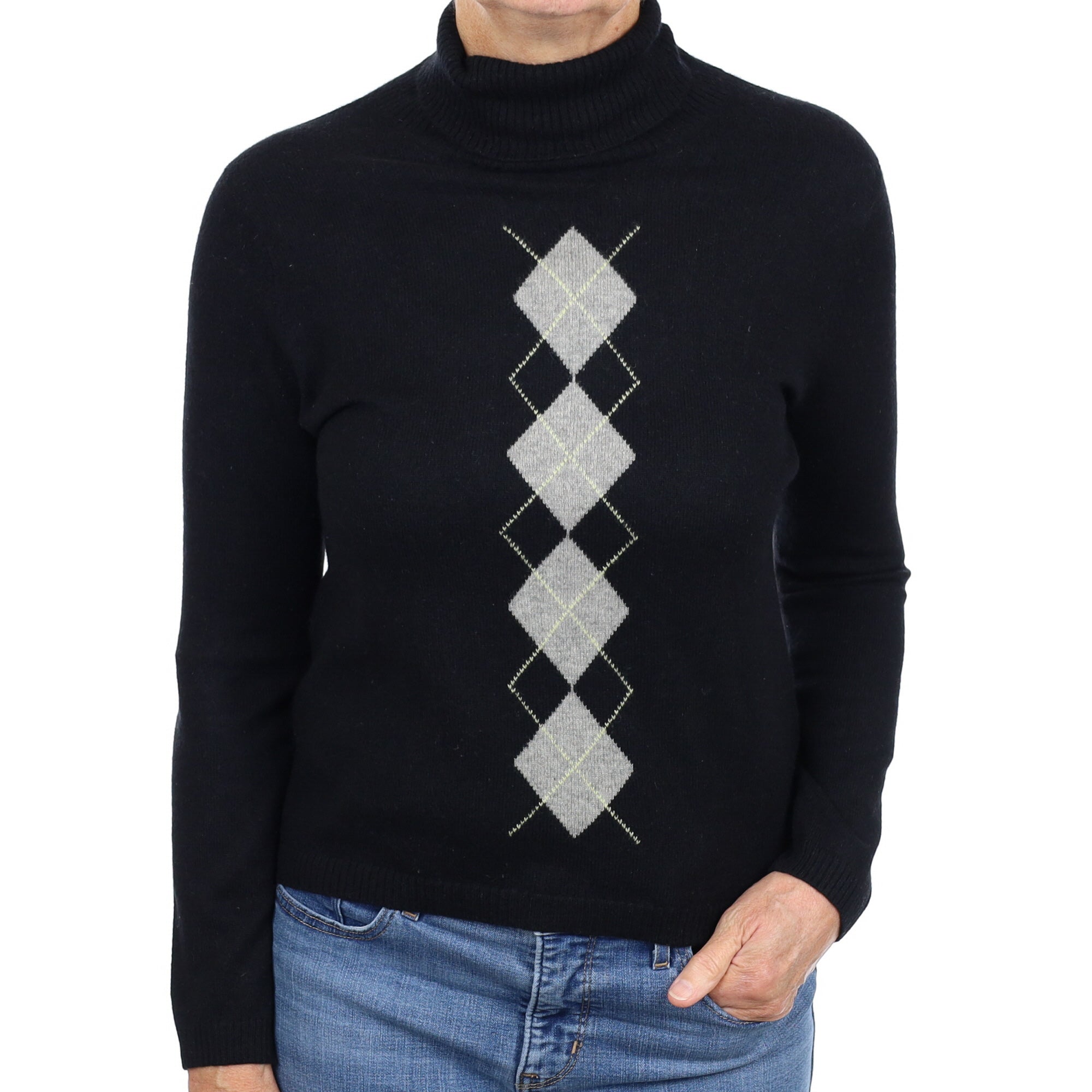 Black Argyle Cashmere Polo Neck Jumper Medium
