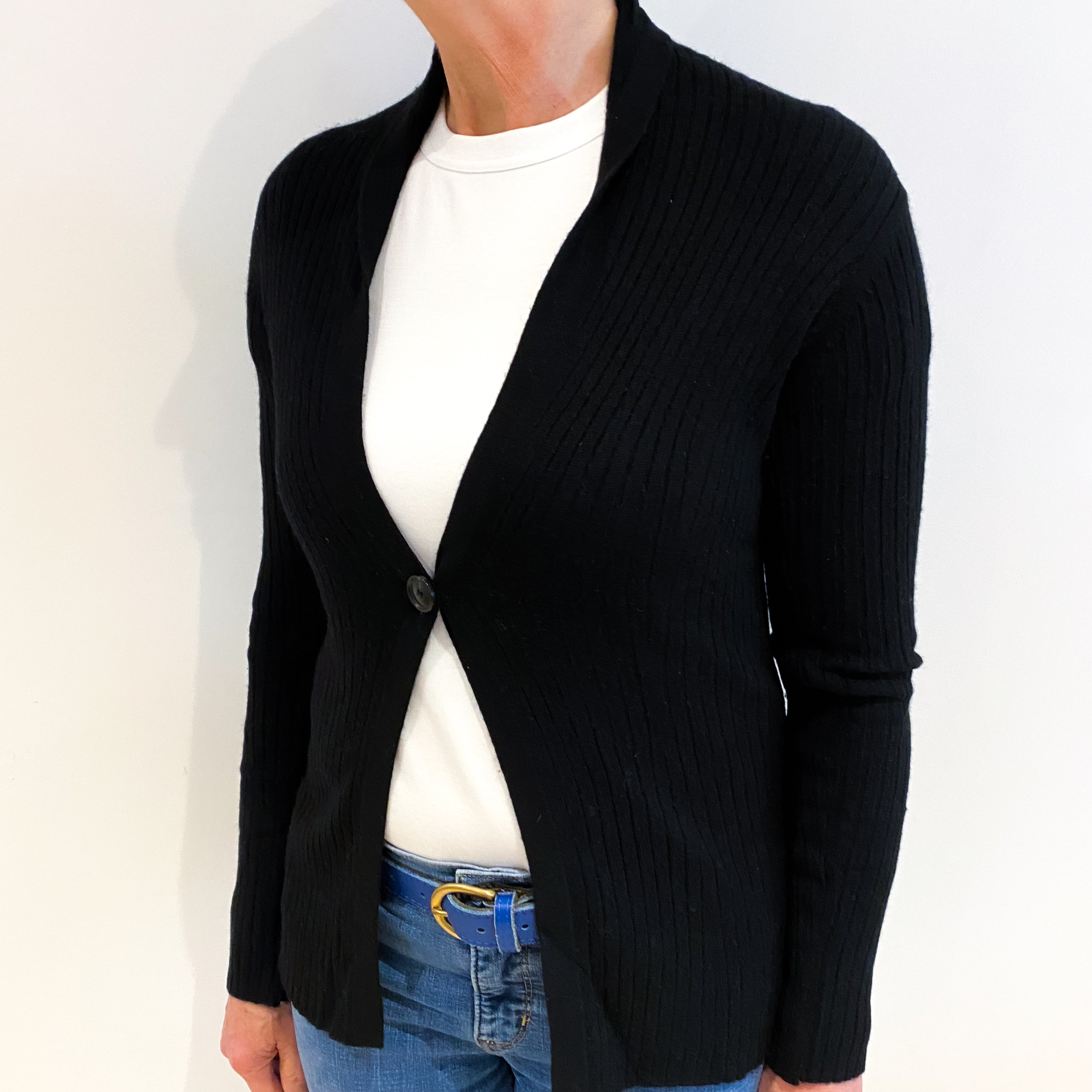 Theory Black Ribbed Cashmere Cardigan Medium
