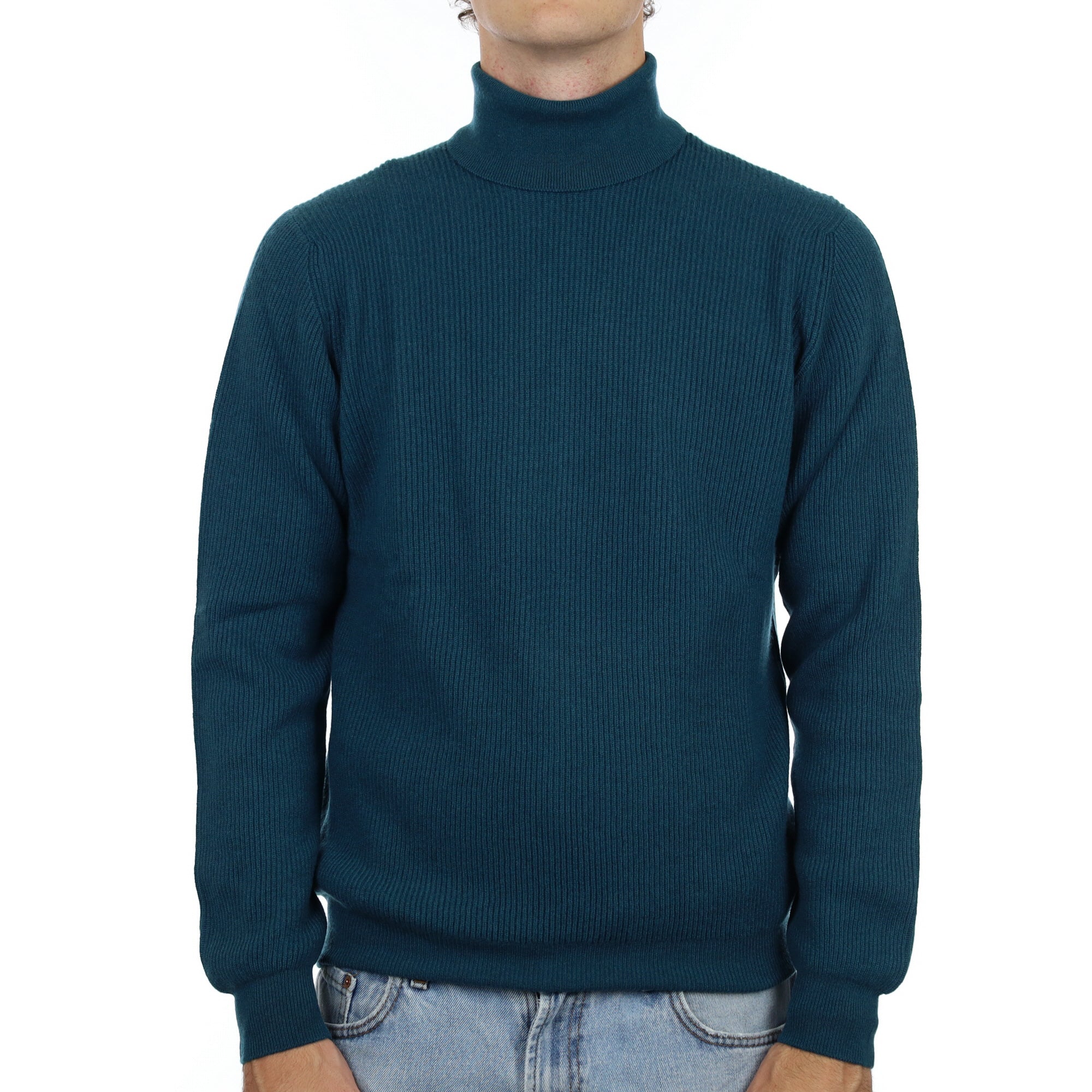 Men’s Brand New Scottish Teal Green Ribbed Cashmere Polo Neck Jumper Medium
