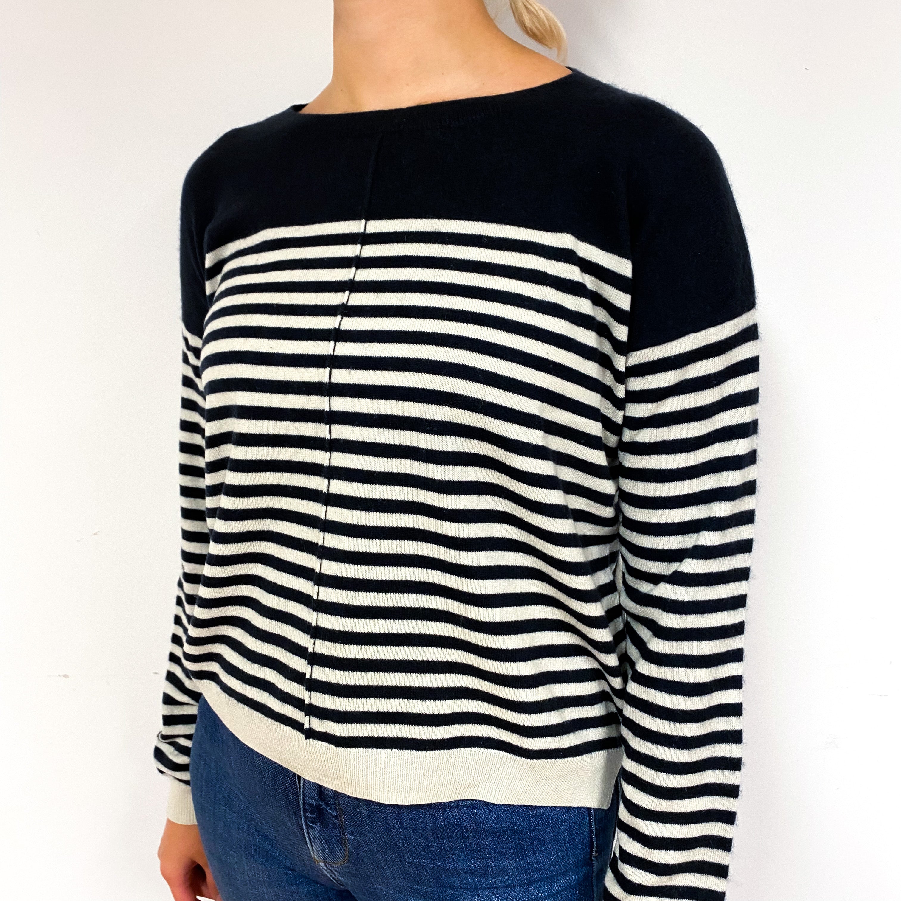 French Navy Ivory Stripe Cashmere Crew Neck Jumper Small