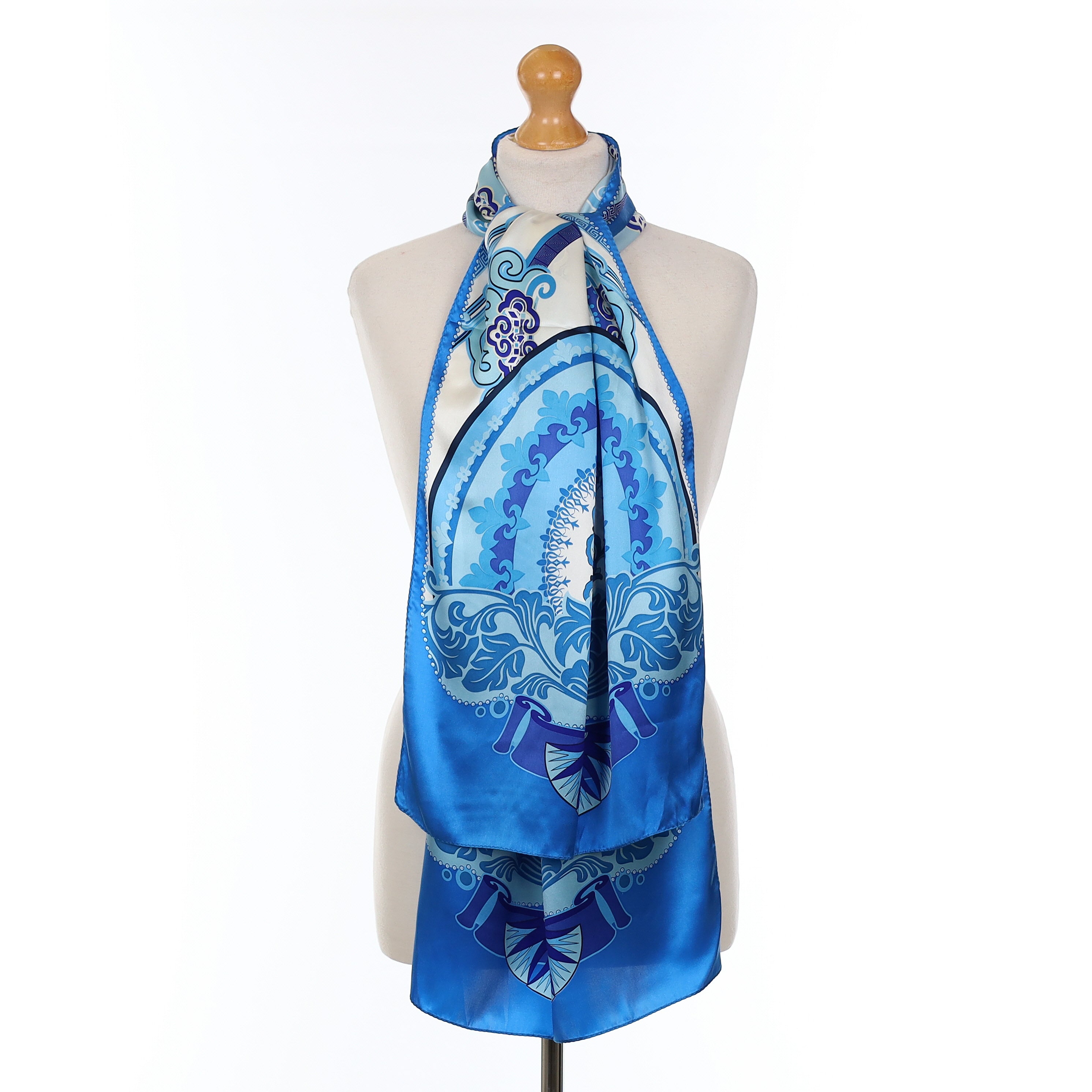 Boxed Wensli Blue And White Patterned Silk Scarf