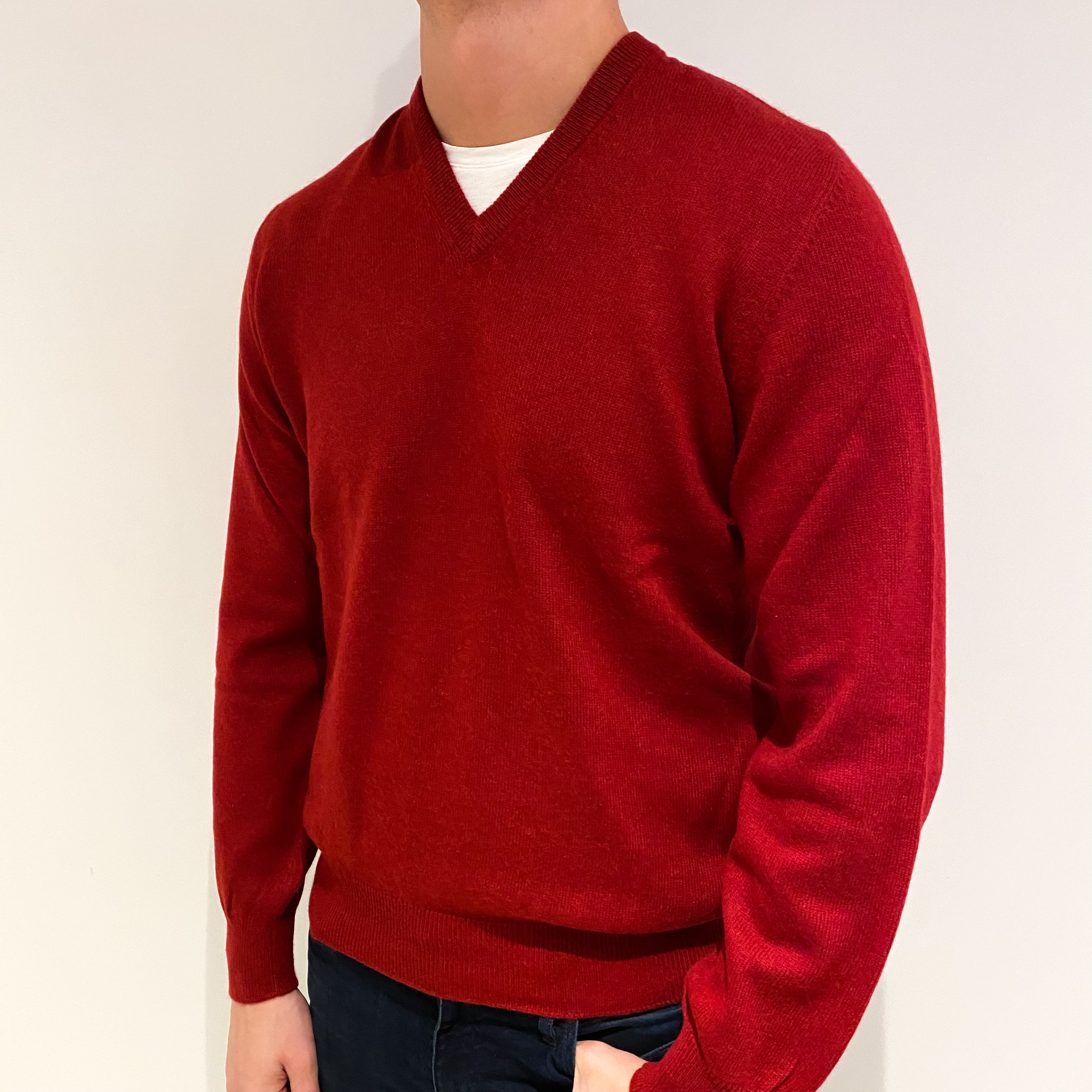Men's Crimson Red Cashmere V Neck Jumper XL