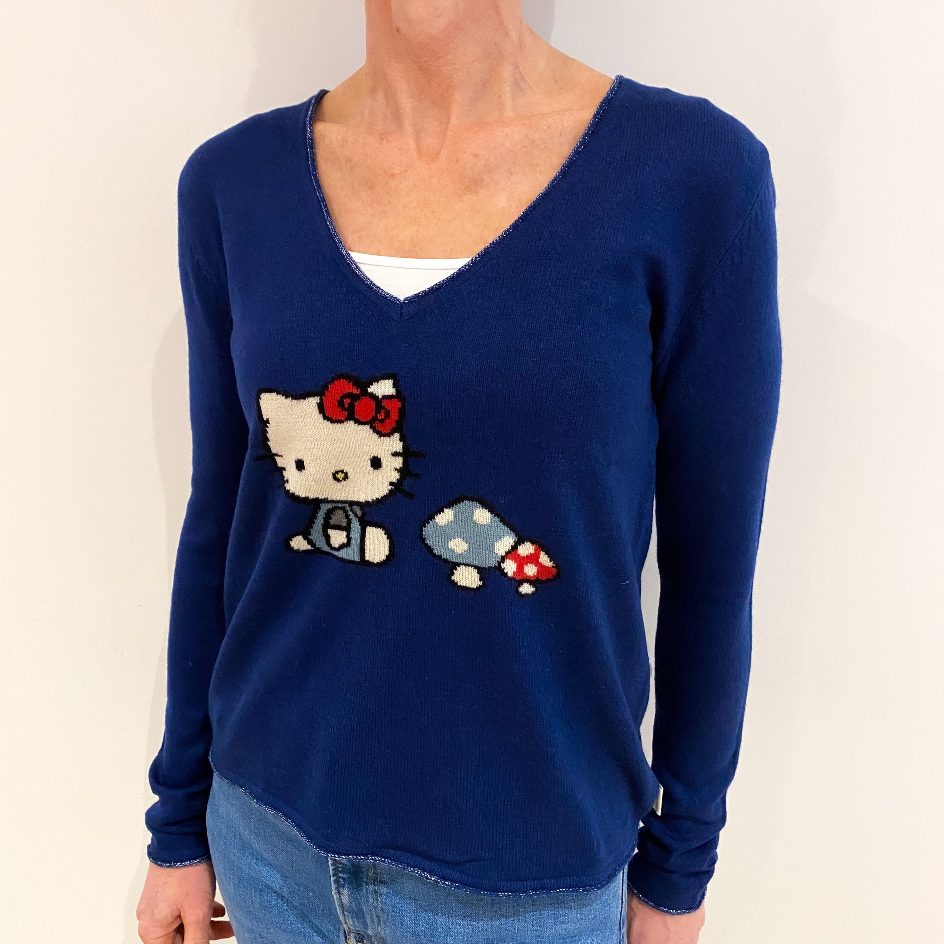 French Navy ‘Hello Kitty’ Design Cashmere V Neck Jumper Small