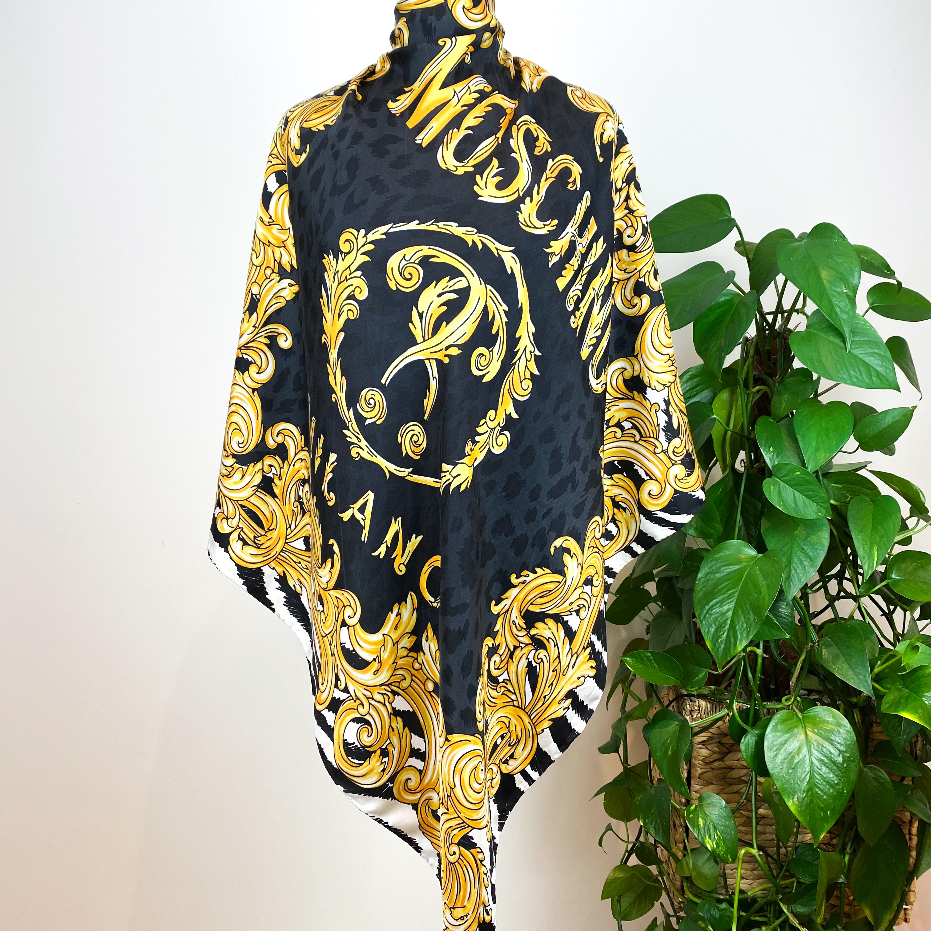 Large Moschino Black and Gold Silk Scarf
