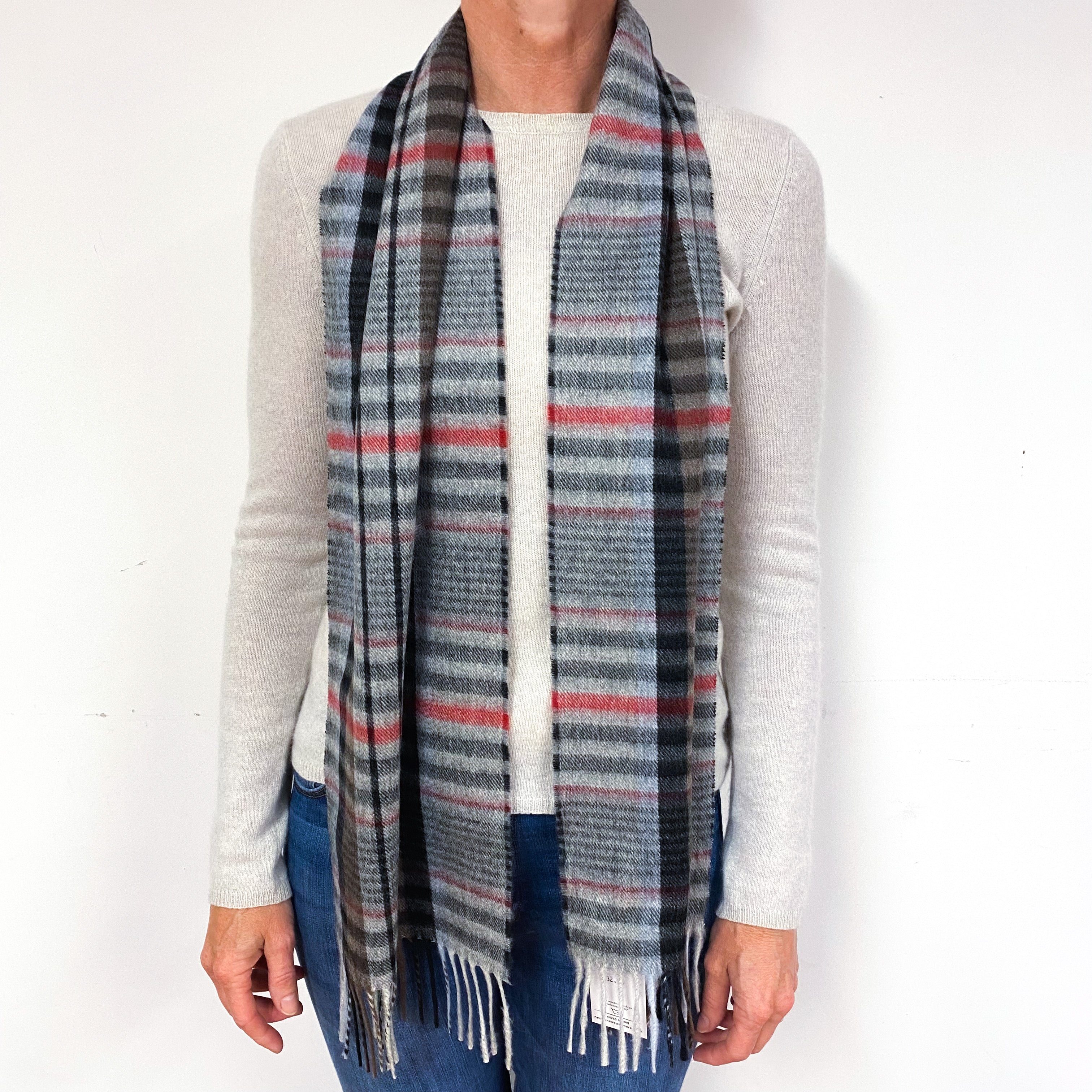 Red, Black and Grey Tartan Cashmere Fringed Woven Scarf