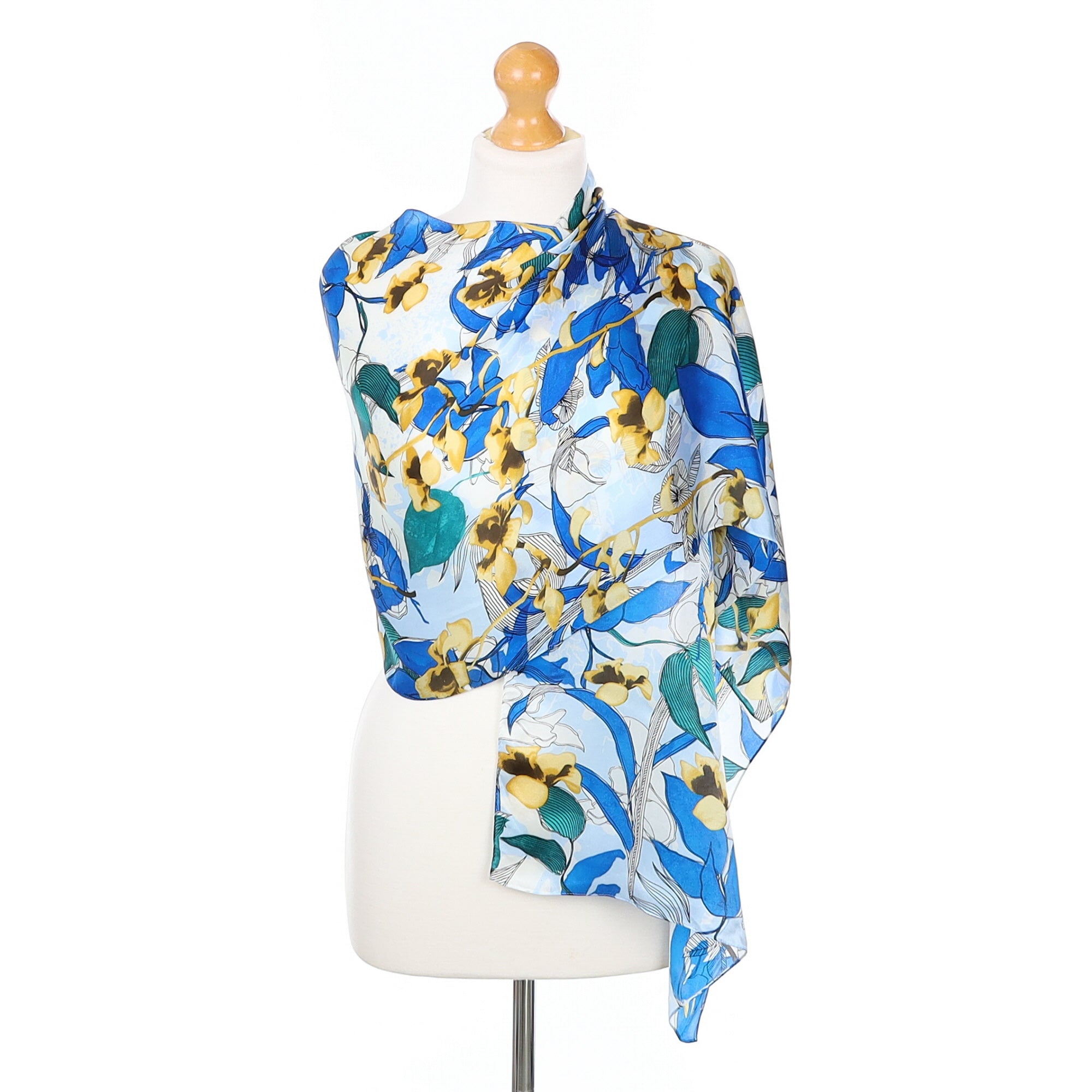 Vince Camuto Blue and Green Floral Silk Scarf